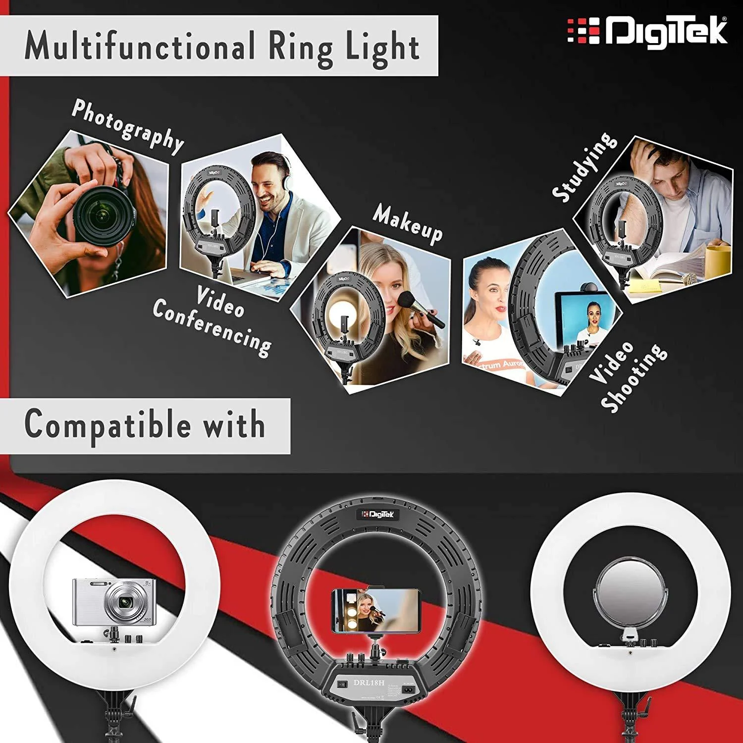 Digitek (DRL-18HC9) Professional 18" inch Ring Light with Stand | 2 Color Modes Dimmable Lighting | for YouTube Photo/Video Shoot Makeup & More | Compatible with iPhone/Android Phone & Camera, Black - Image 3