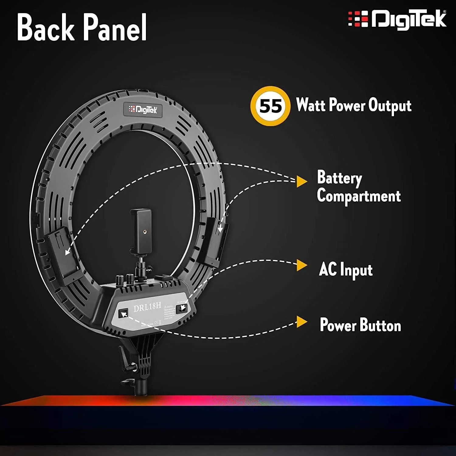 Digitek (DRL-18HC9) Professional 18" inch Ring Light with Stand | 2 Color Modes Dimmable Lighting | for YouTube Photo/Video Shoot Makeup & More | Compatible with iPhone/Android Phone & Camera, Black - Image 5