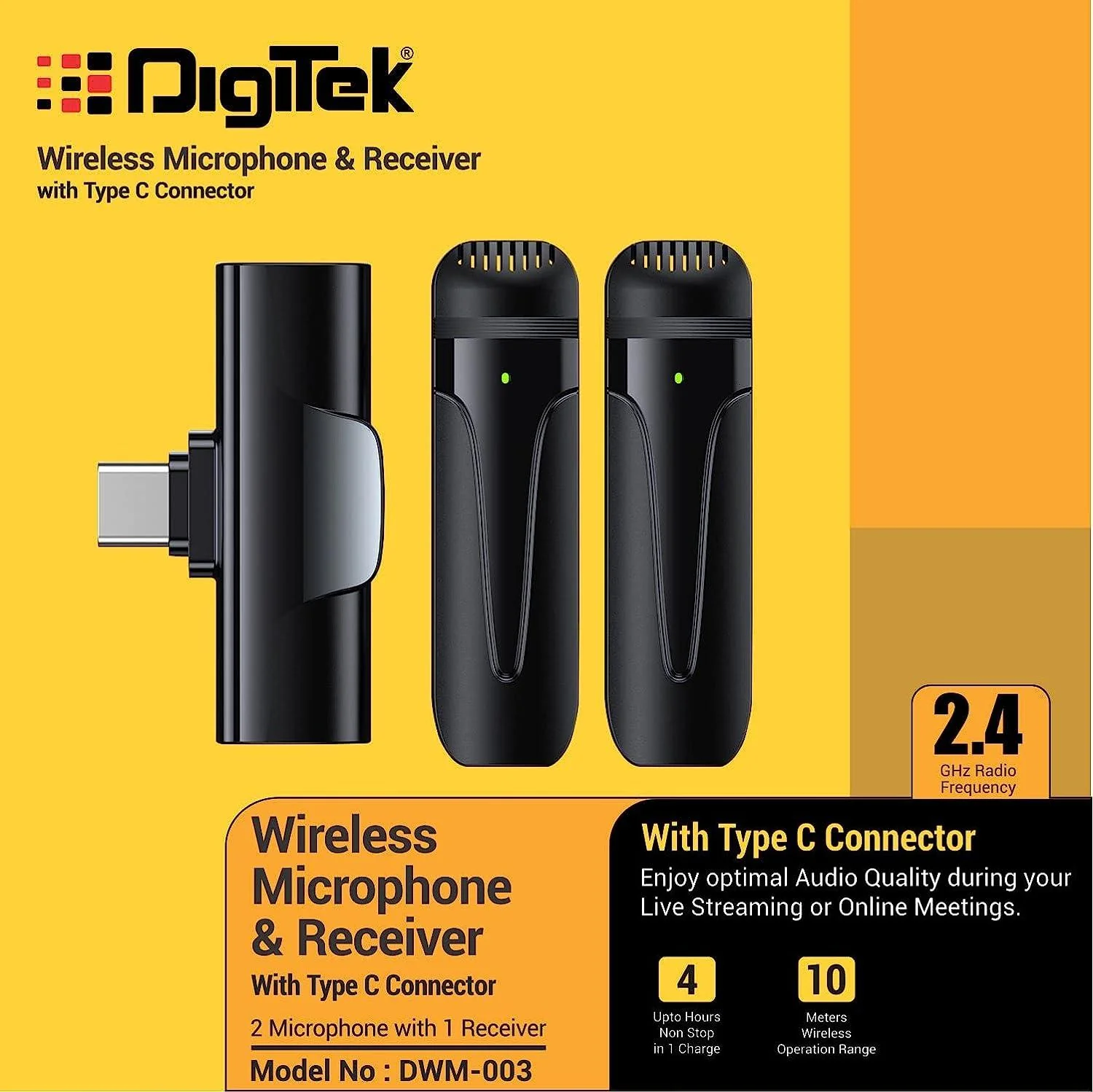 Digitek (DWM 003) Wireless Microphone with Receiver Set, 2 Mics + 1 Receiver, Type C Connector, 4 Hours Continuous Use, 10m Wireless Range, Suitable for Vlog, YouTube, Live Streaming, Video Recording - Image 3