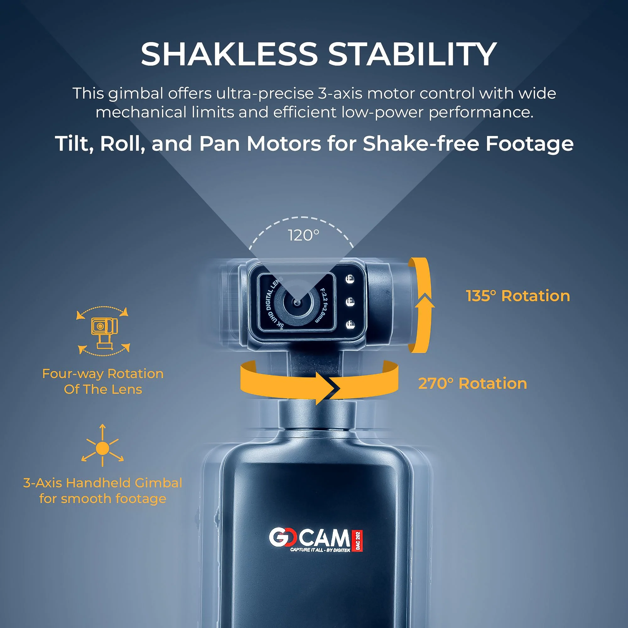 Digitek (DAC 202) 5K 3-Axis Handheld Action Camera with AI Face Tracking, 3.5” Rotating Screen, 48MP Sensor, Wi-Fi, Night Vision & External Mic Support - Image 3