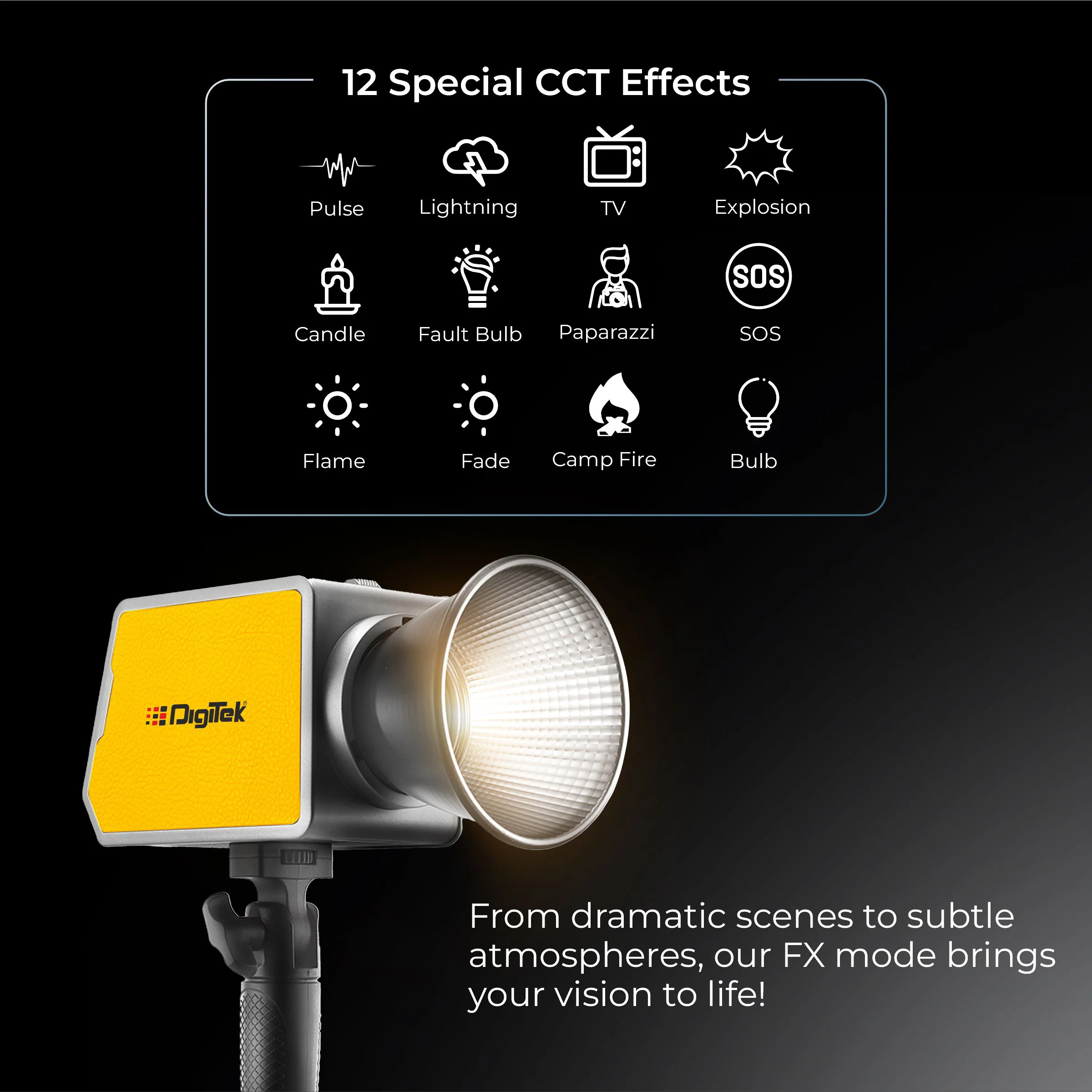 DIGITEK® (DCL-100 WBC) 100W Bi-Color Continuous LED Light with Mini Bowen Mount & Reflector, 2700K-6500K+200 Color Temp, 20FX Modes, 97+ CRI, 0-100% Brightness, APP Control, Lighting for Videography - Image 4