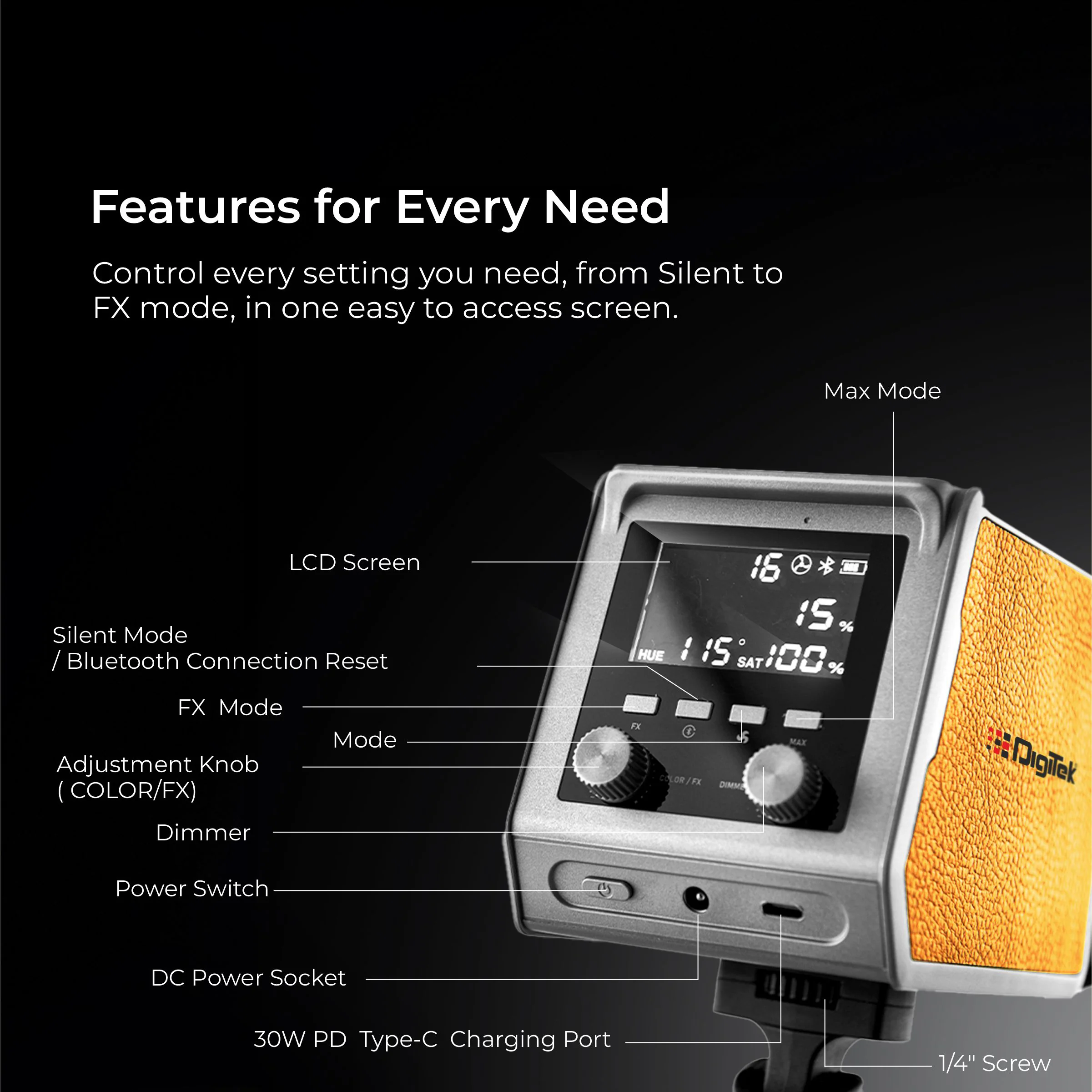 DIGITEK® (DCL-100 WBC) 100W Bi-Color Continuous LED Light with Mini Bowen Mount & Reflector, 2700K-6500K+200 Color Temp, 20FX Modes, 97+ CRI, 0-100% Brightness, APP Control, Lighting for Videography - Image 6