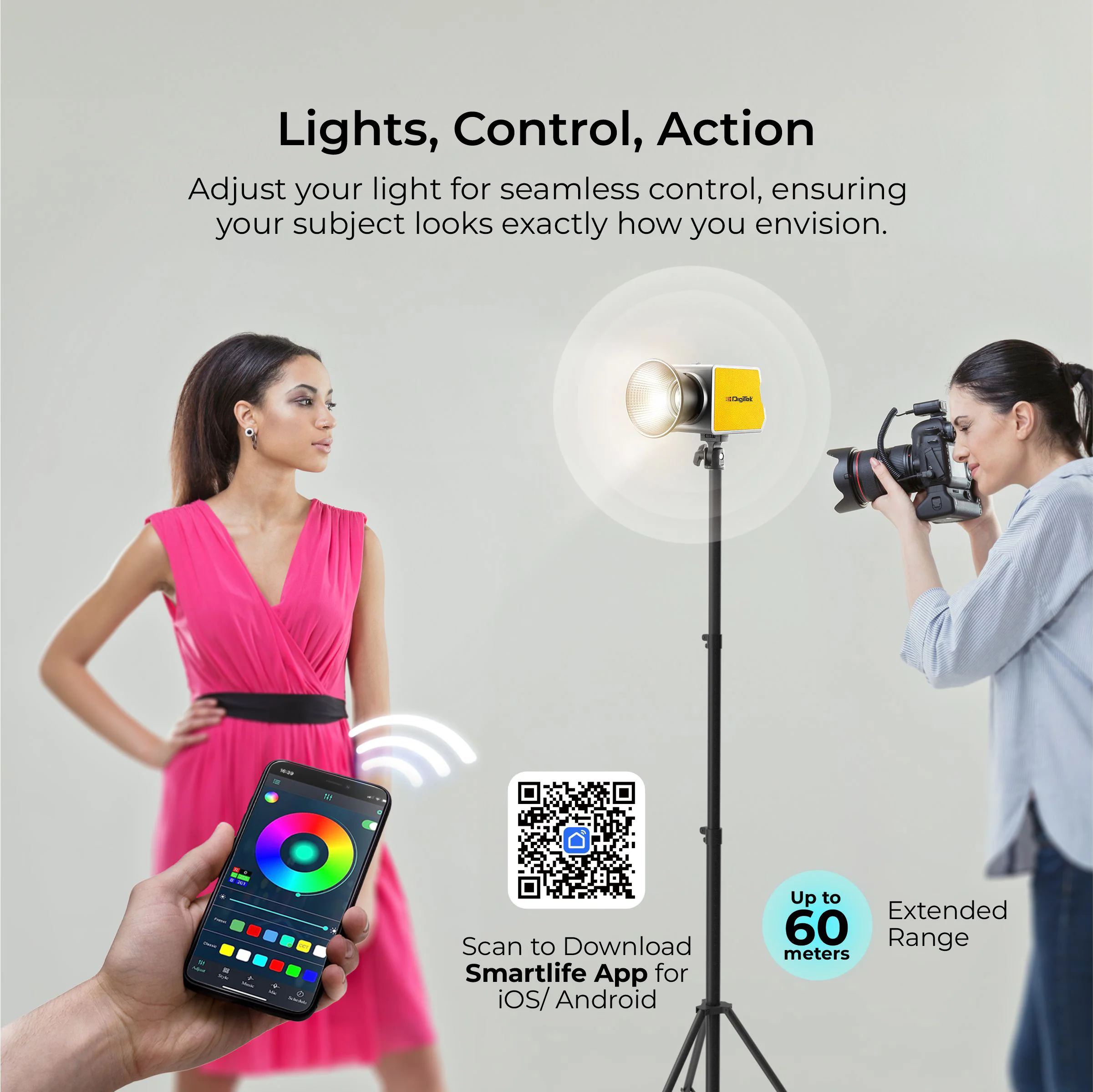 DIGITEK® (DCL-100 WBC) 100W Bi-Color Continuous LED Light with Mini Bowen Mount & Reflector, 2700K-6500K+200 Color Temp, 20FX Modes, 97+ CRI, 0-100% Brightness, APP Control, Lighting for Videography - Image 8
