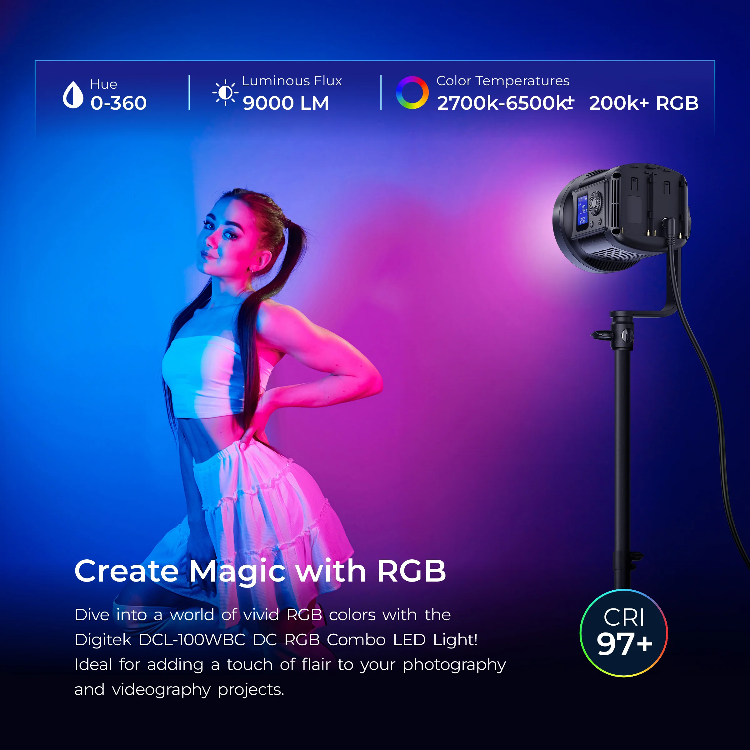Digitek (DCL-100WBC DC RGB Combo) Light with 18 CM Reflector with AC/DC Support, a Unique Modern Meticulous design for Photographers aesthetic idea. Suitable for all kinds of Professional Photography - Image 8