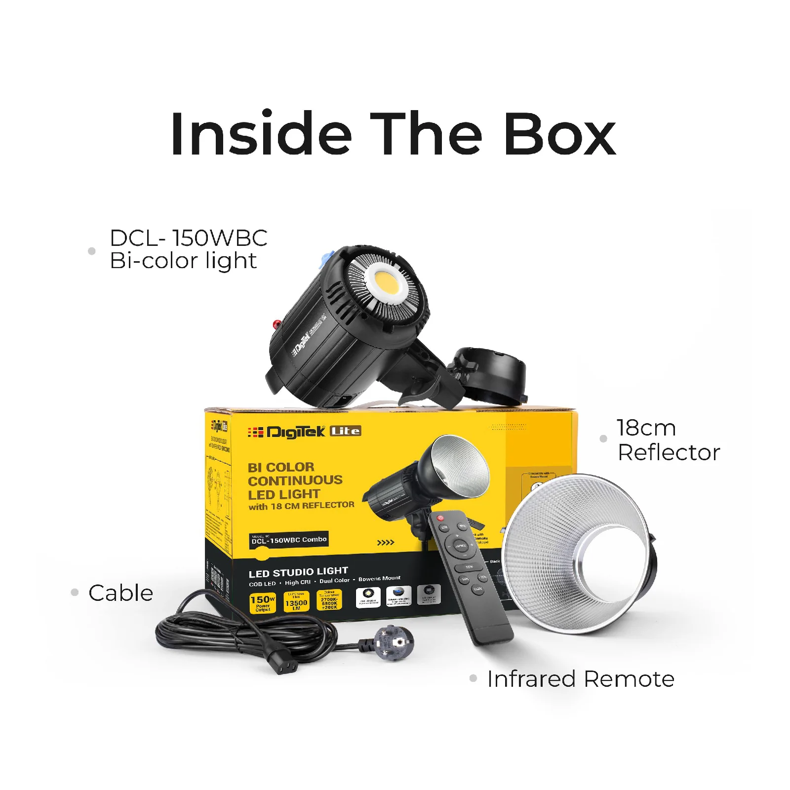 DIGITEK Lite (DCL-150WBC Combo) 150W Bi Color Continuous LED Light with 18CM Reflector & Infrared Remote, AC Power - 3000K-6500K Color Temperature Control, 95 CRI, 13500 Lumen, Ideal for Shooting - Image 3