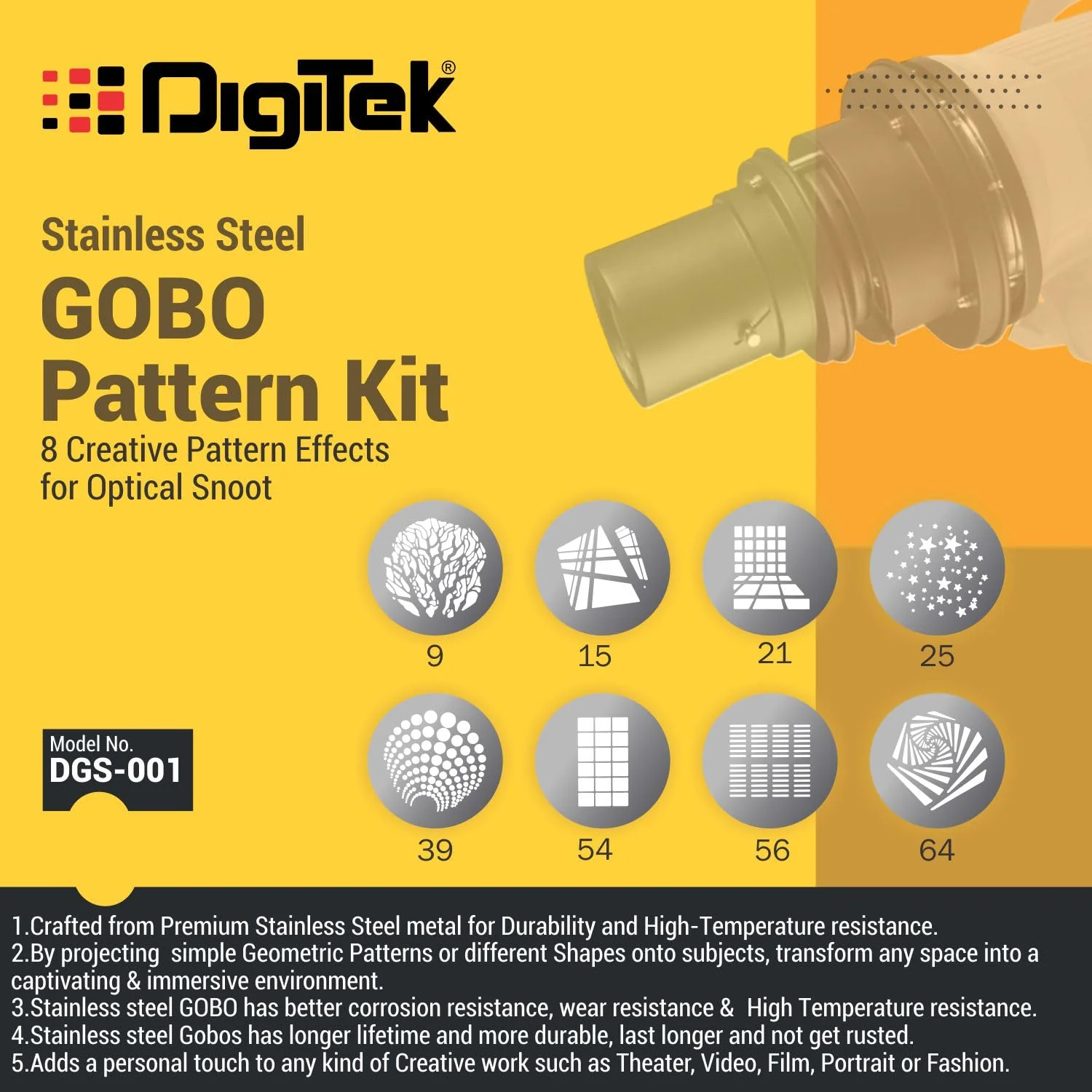 Digitek (DGS 001) Stainless Steel GOBO Pattern Kit with 8 Creative Pattern Effect for Optical Snoot - Image 4