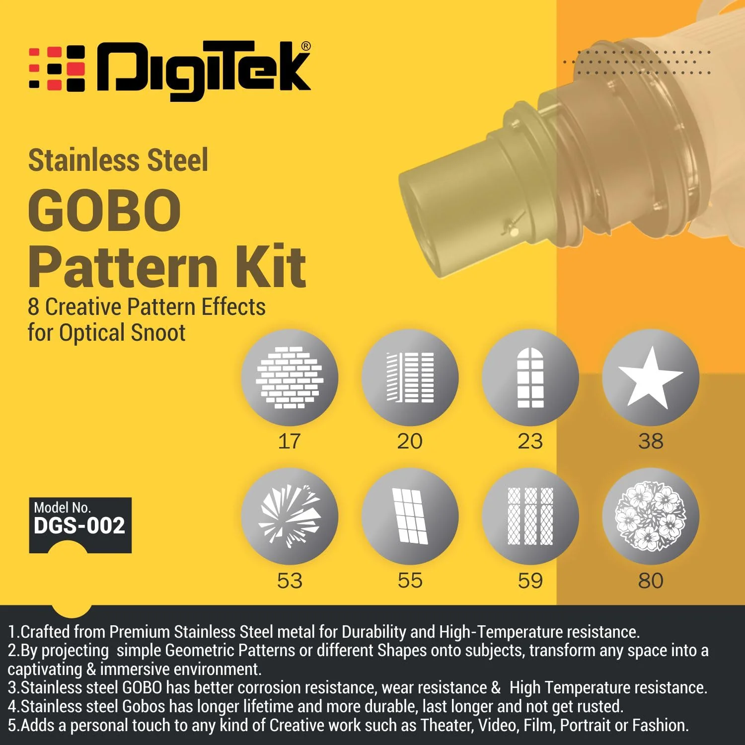 Digitek (DGS 002) Stainless Steel GOBO Pattern Kit with 8 Creative Pattern Effect for Optical Snoot - Image 4