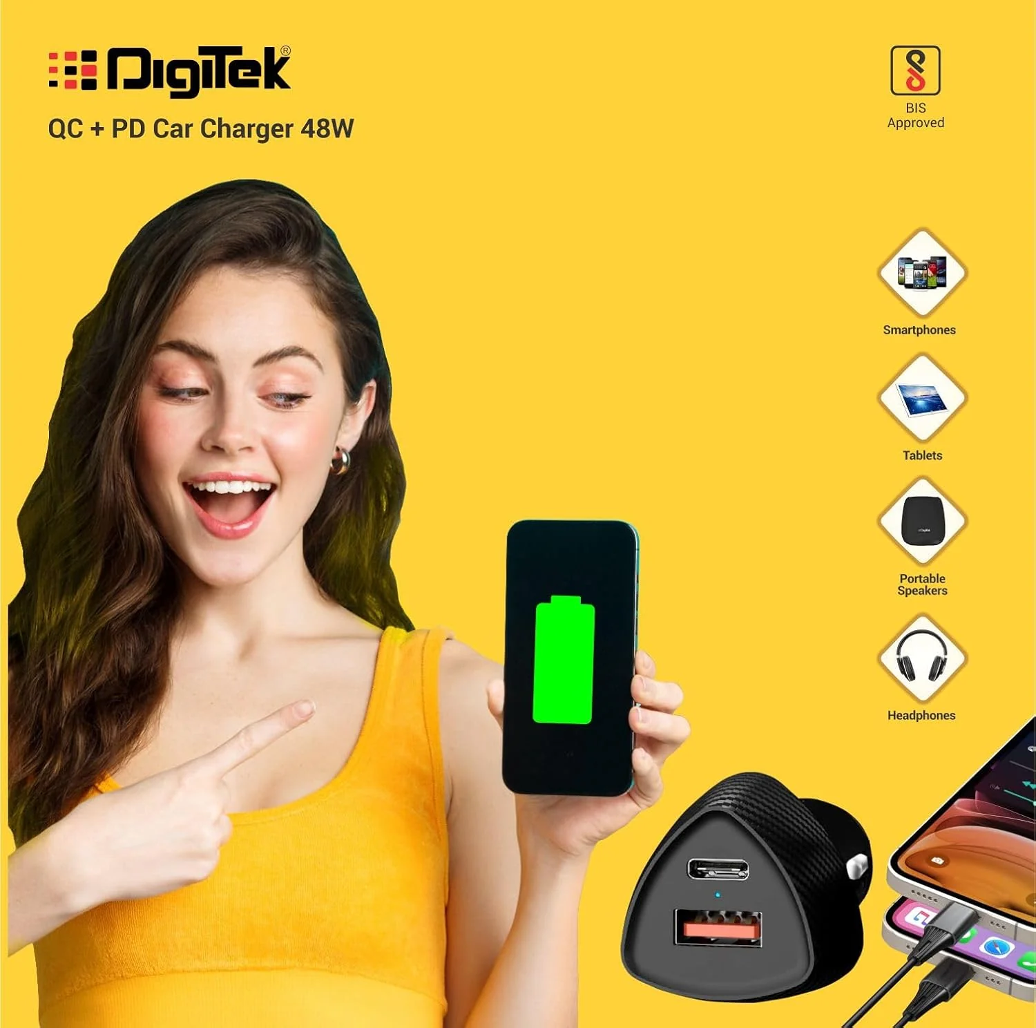 Digitek (DMC QC PD 48W) Dual Port Fast Car Charger Type-C PD & USB Charging Adapter for Cars, Charge Android & iOS Smartphones, Tablets, iPads, Earbuds, Powerbank & Laptops (Black) - Image 3