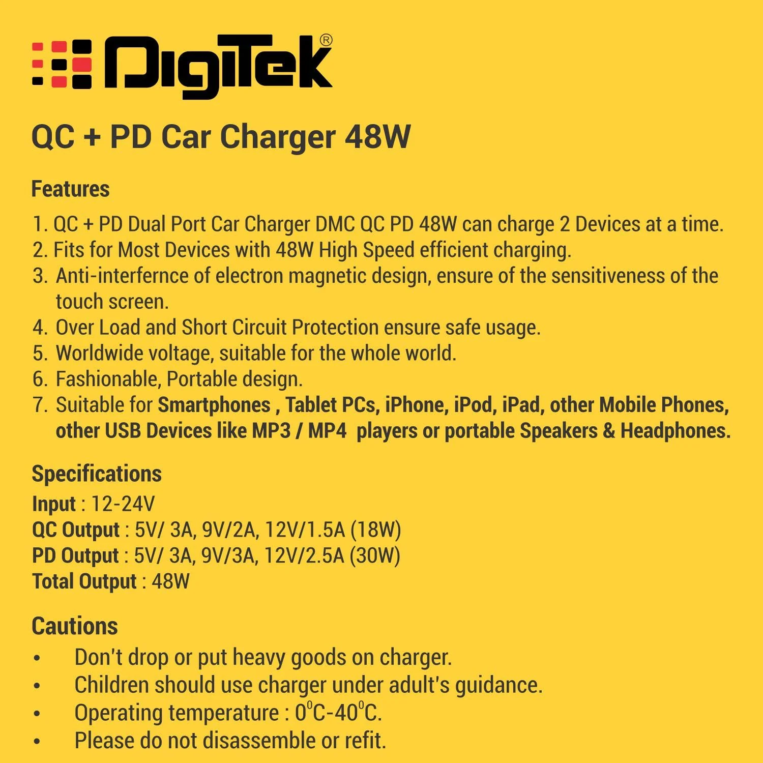 Digitek (DMC QC PD 48W) Dual Port Fast Car Charger Type-C PD & USB Charging Adapter for Cars, Charge Android & iOS Smartphones, Tablets, iPads, Earbuds, Powerbank & Laptops (Black) - Image 4