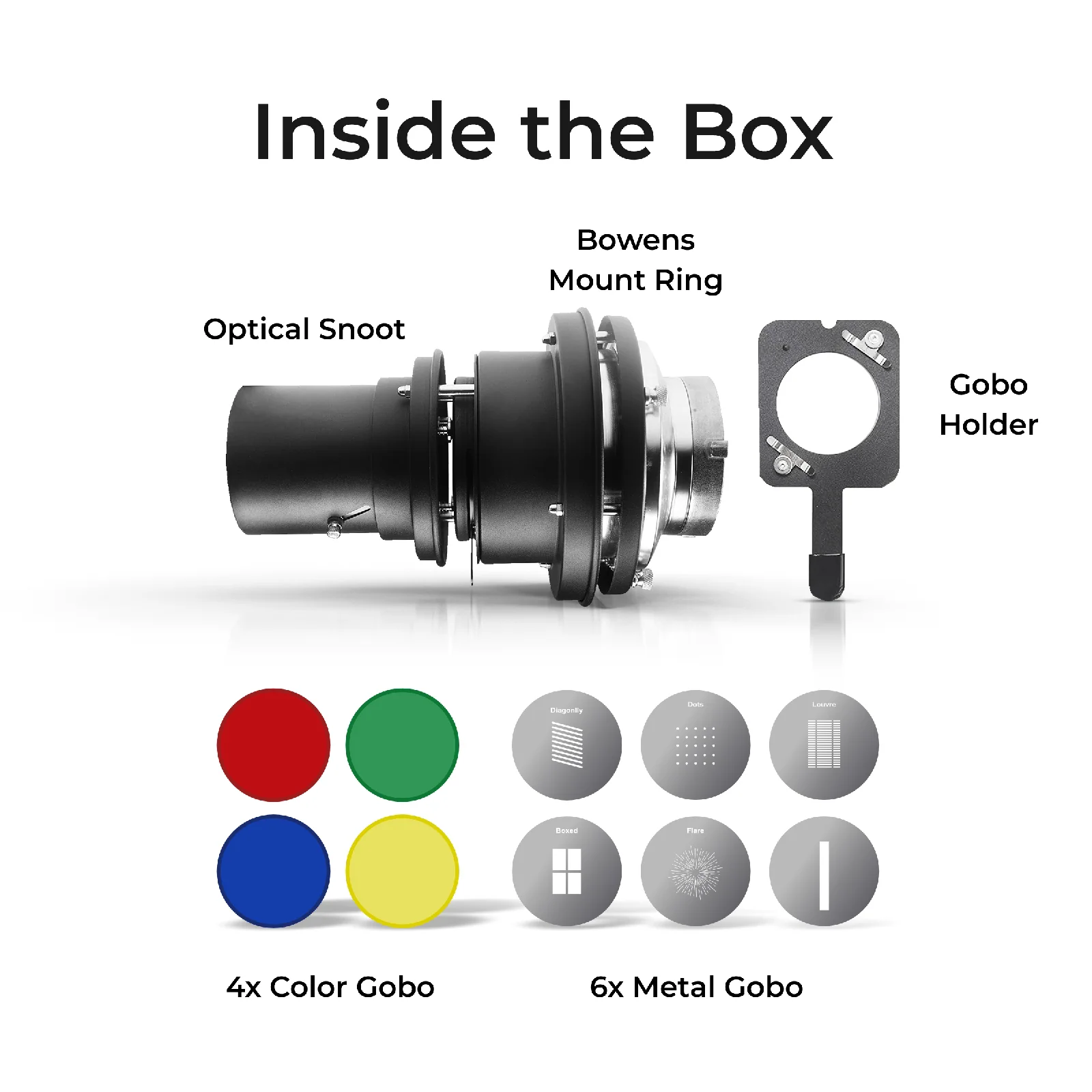 Digitek (DS 230) Bowens Mount Optical Snoot Kit for Studio Light Flash, Accessories with 6x Gobos & 4x Color Gels (Red/Yellow/Green/Blue), Multifunction Focus Ring, Premium Metal Construction - Image 3