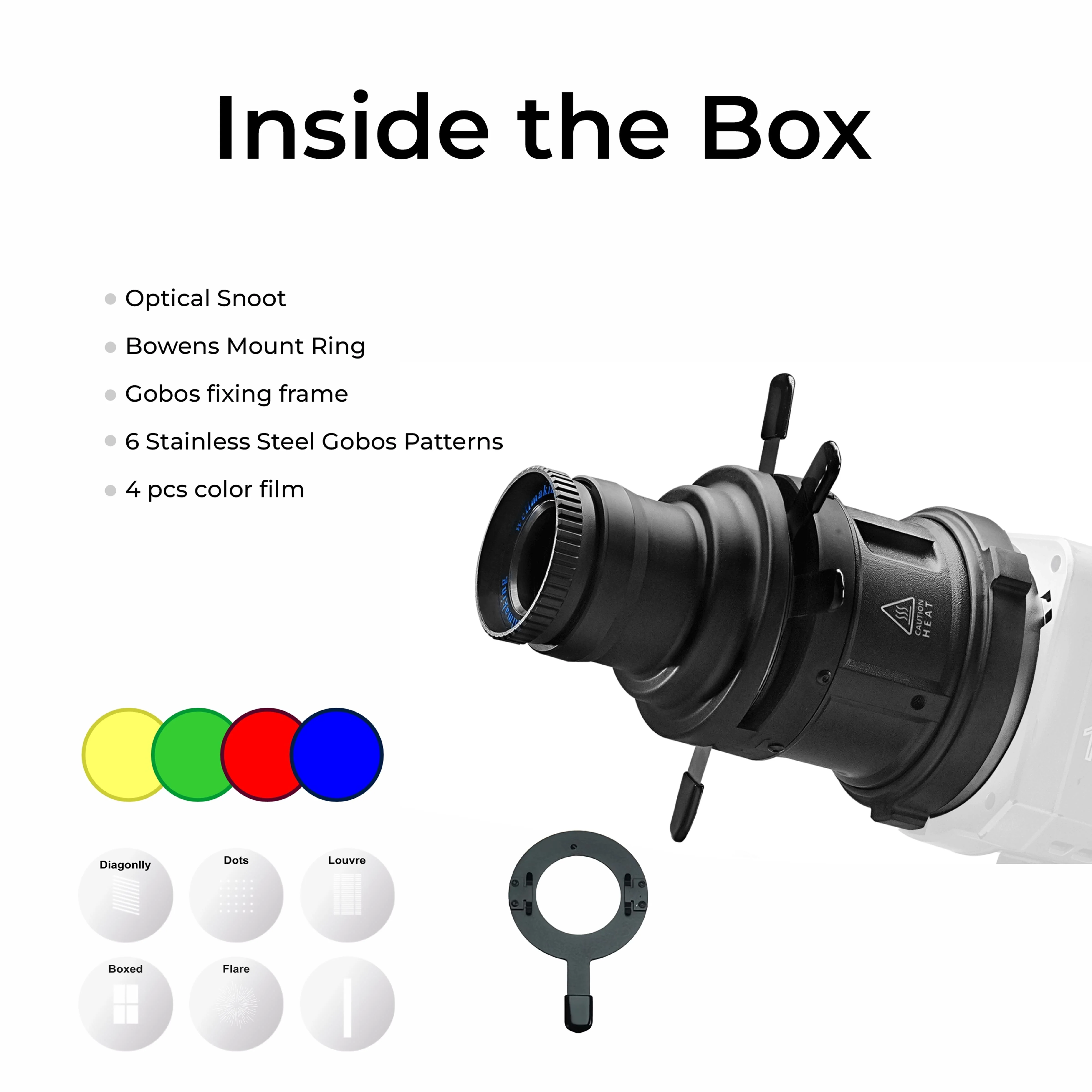 Digitek (DS-240) Bowens Mount Optical Snoot Projector Kit with Gobo Frame & 4 Color Films, 6 Stainless Gobo Patterns, 38° Lens for LED Lights, Sharp Image Projection, Fit for LED Continuous Lights. - Image 3