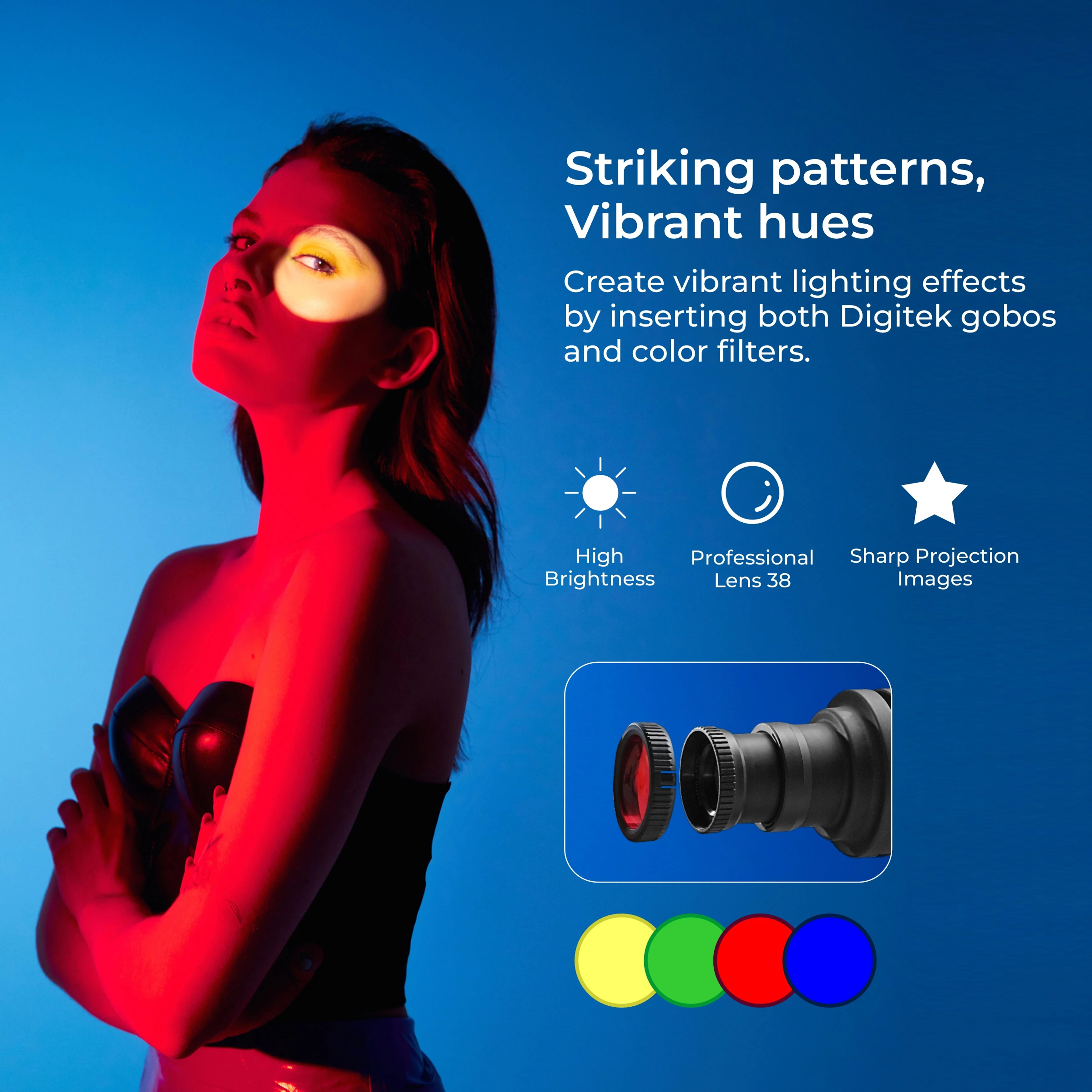 Digitek (DS-240) Bowens Mount Optical Snoot Projector Kit with Gobo Frame & 4 Color Films, 6 Stainless Gobo Patterns, 38° Lens for LED Lights, Sharp Image Projection, Fit for LED Continuous Lights. - Image 5