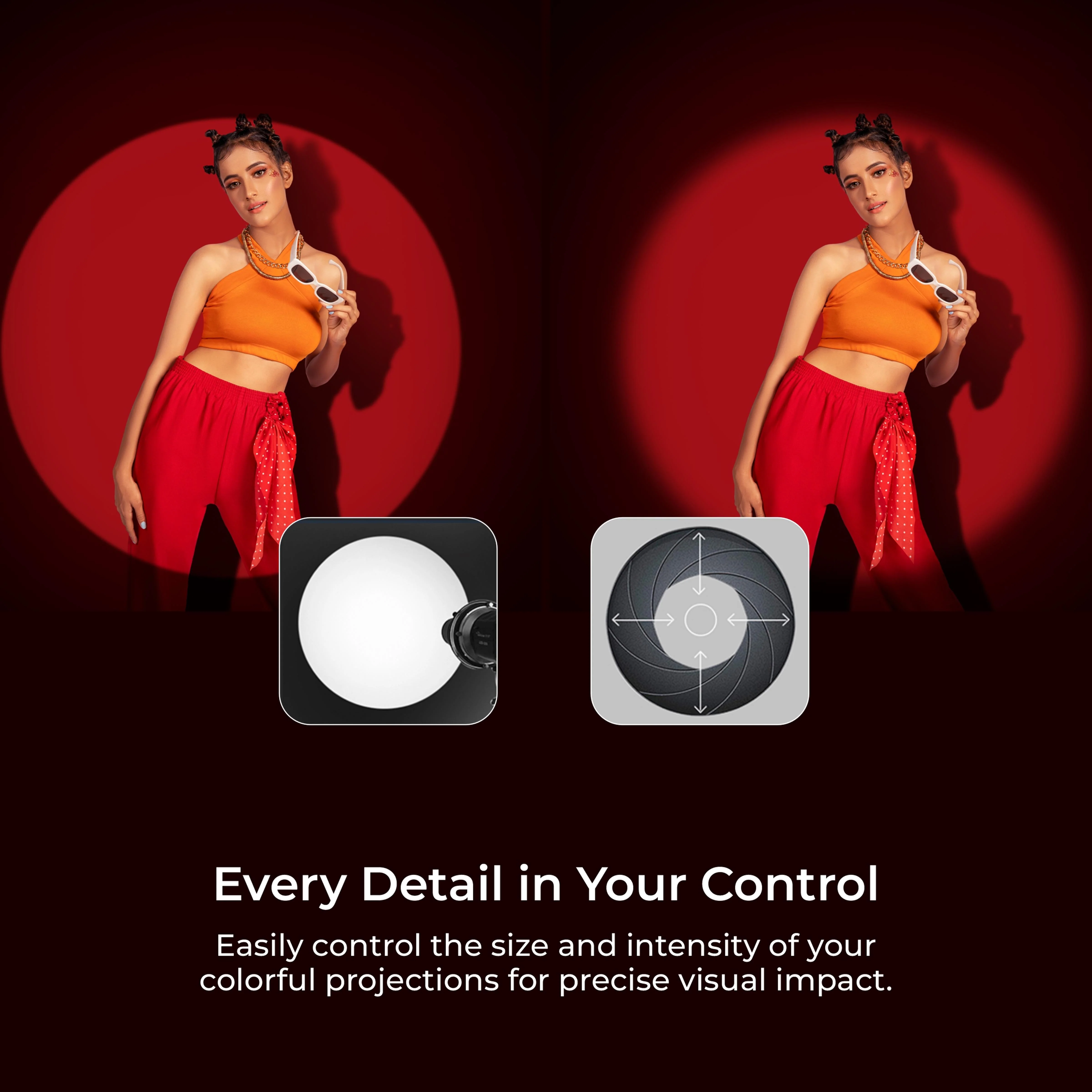 Digitek (DS-240) Bowens Mount Optical Snoot Projector Kit with Gobo Frame & 4 Color Films, 6 Stainless Gobo Patterns, 38° Lens for LED Lights, Sharp Image Projection, Fit for LED Continuous Lights. - Image 6