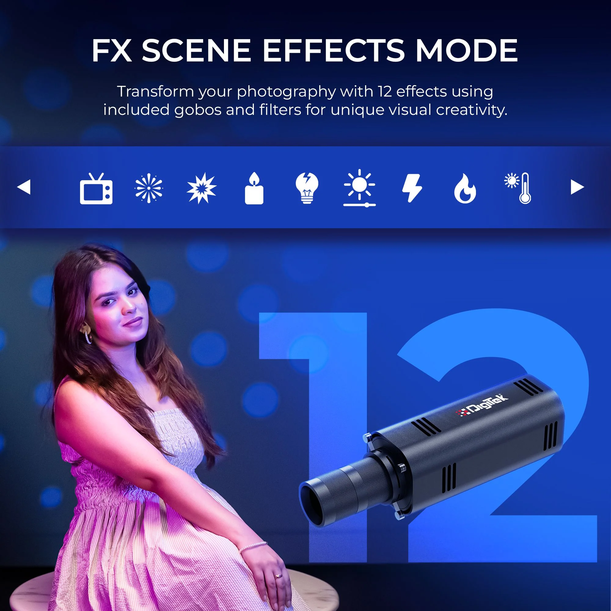 Digitek (DS 30 WTP) 30W Optical Snoot Zoom Gobo Projector, 12 Special Effects, 3900 Lumen, 3000mAh Battery, Dual Temp 2700K-6500K, 15 GOBOs and 5 Color Films, CRI ≥96, For Photo & Videography - Image 4