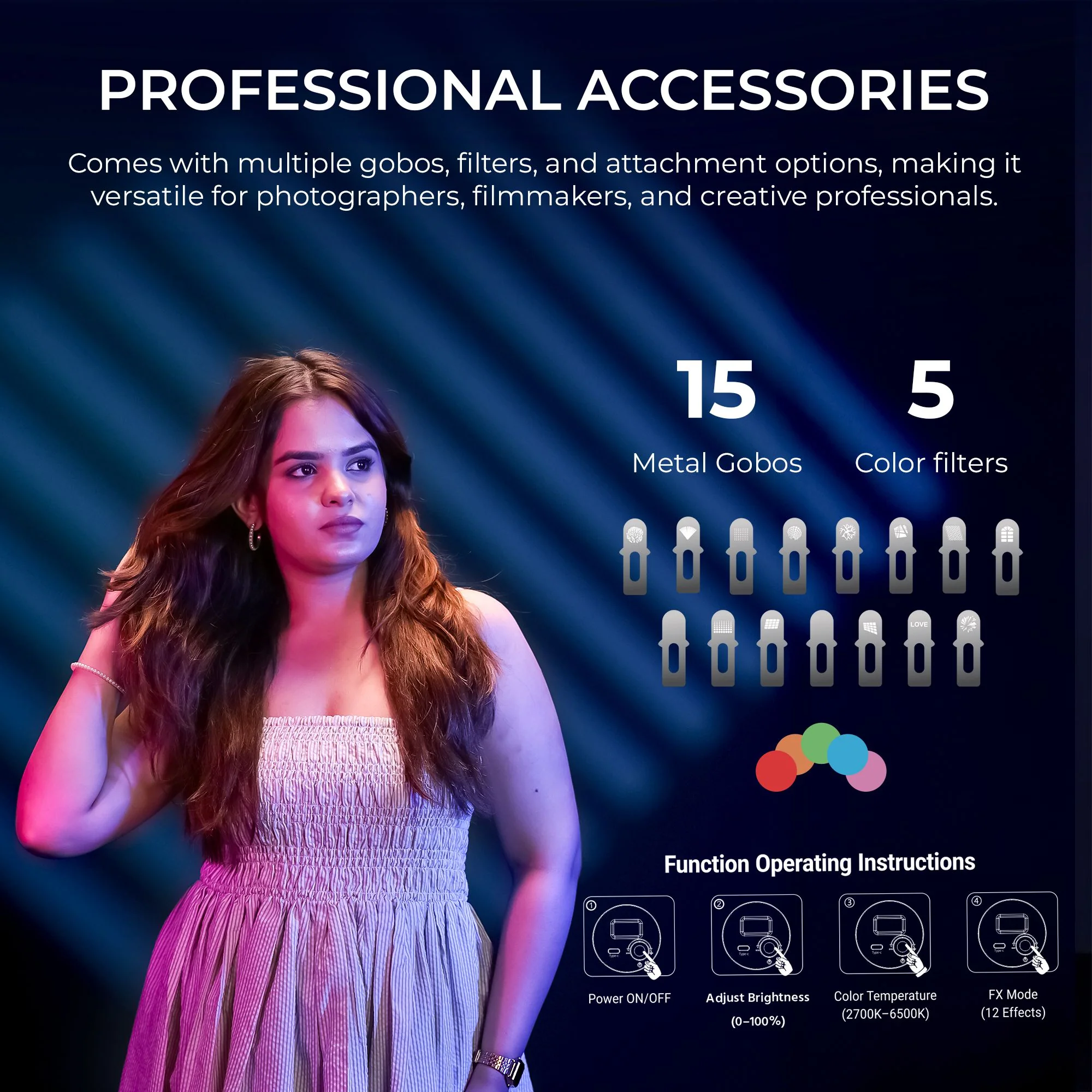 Digitek (DS 30 WTP) 30W Optical Snoot Zoom Gobo Projector, 12 Special Effects, 3900 Lumen, 3000mAh Battery, Dual Temp 2700K-6500K, 15 GOBOs and 5 Color Films, CRI ≥96, For Photo & Videography - Image 5