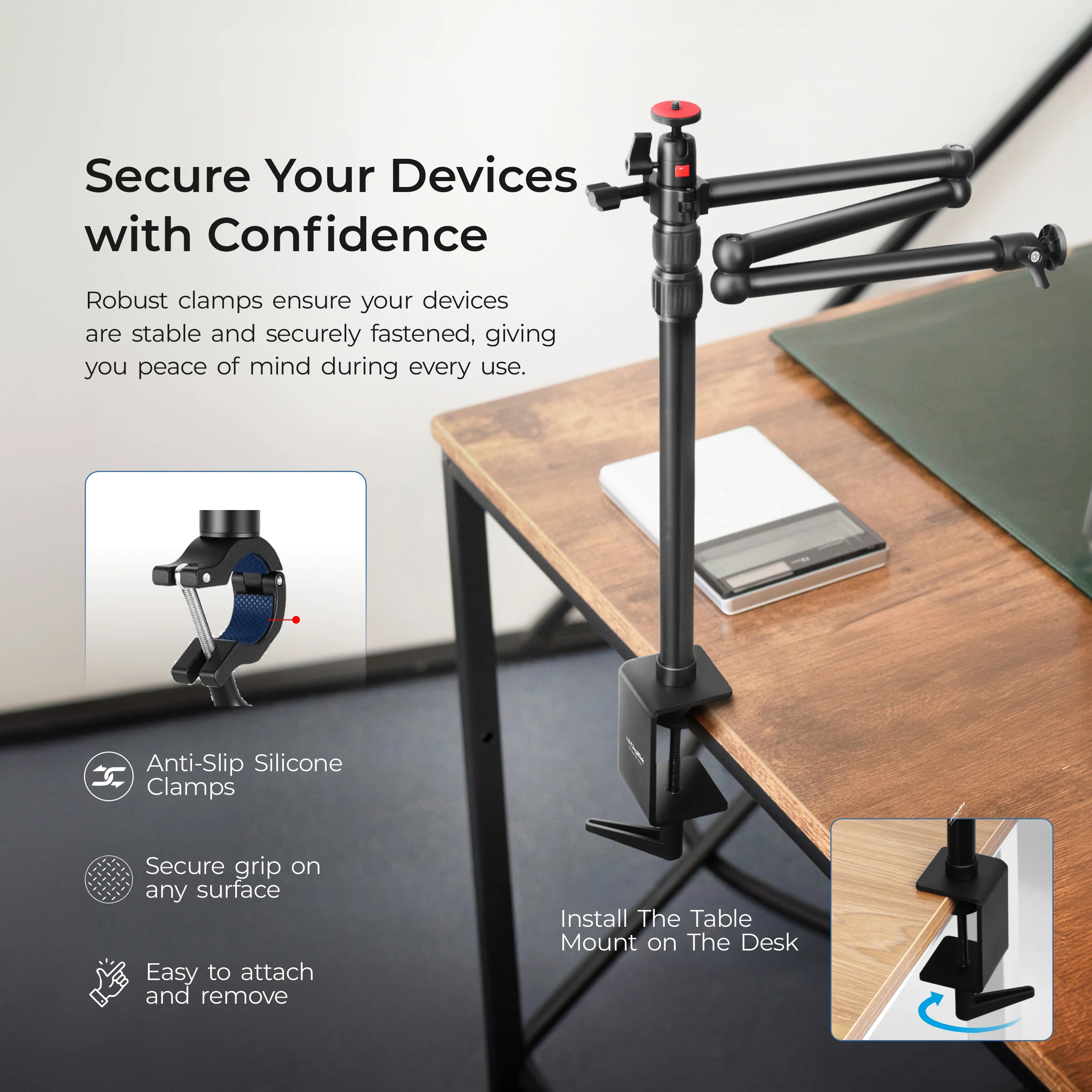 Digitek (DTMHA 001 )Table Mount with Auxiliary Holding Arm for Stream, Overhead Video, Desktop, Bedroom, Bedhead, Office - Image 8