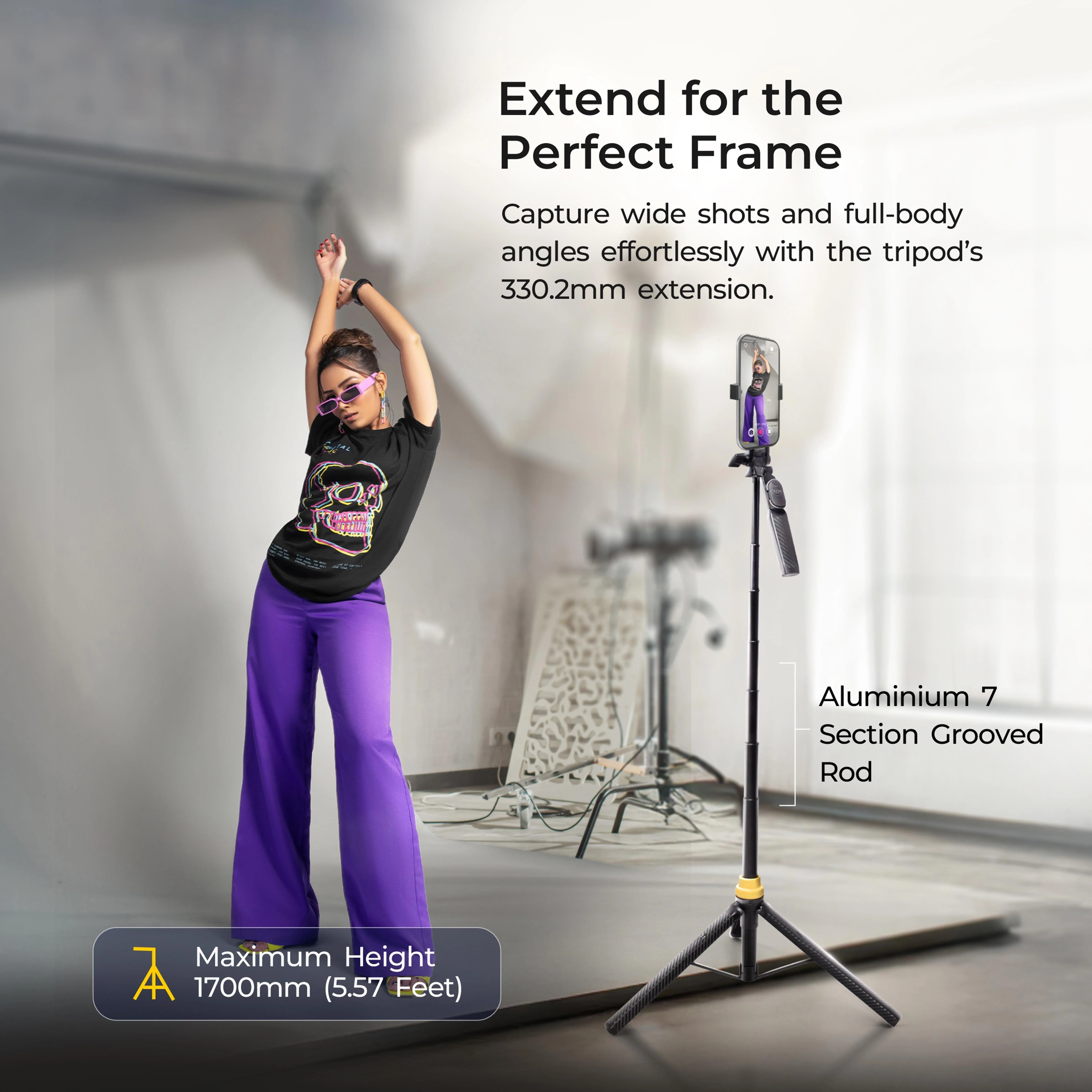 DIGITEK (DTR-555 SS) Foldable Tripod Selfie Stick for Smartphone & Action Cameras with 5.57ft Height, 360° Rotation & 3-Leg Base, 10m Wireless Remote, 7 Section Adjustable, For Android/iPhone & Gopro - Image 5