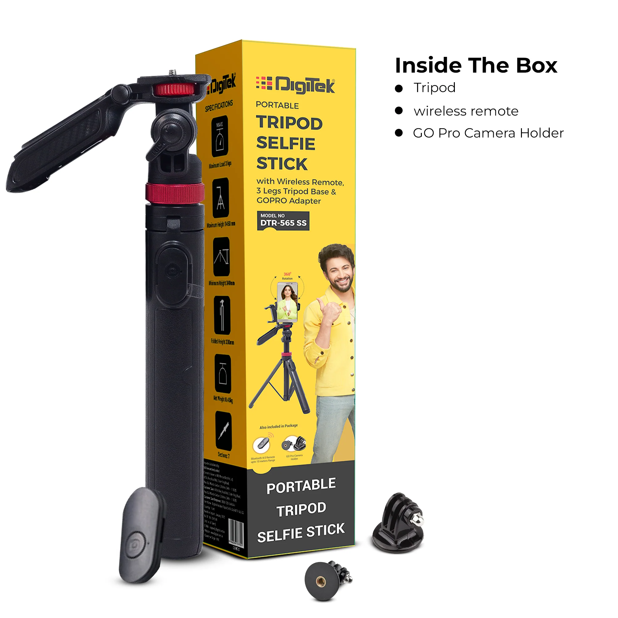 Digitek (DTR 565 SS) Tripod Selfie Stick with Wireless Remote, 360° Rotation, 7-Section Aluminum Rod, 1450mm Max Height, 3kg Load, GoPro Adapter – Compatible with Phone & Action Cameras - Image 3
