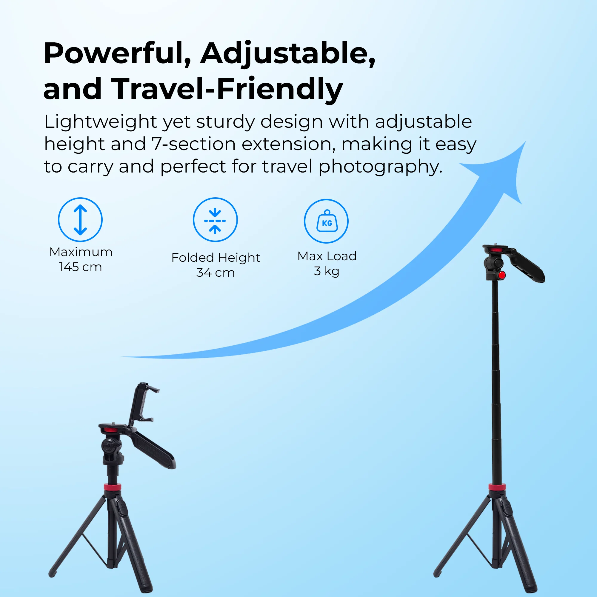 Digitek (DTR 565 SS) Tripod Selfie Stick with Wireless Remote, 360° Rotation, 7-Section Aluminum Rod, 1450mm Max Height, 3kg Load, GoPro Adapter – Compatible with Phone & Action Cameras - Image 5