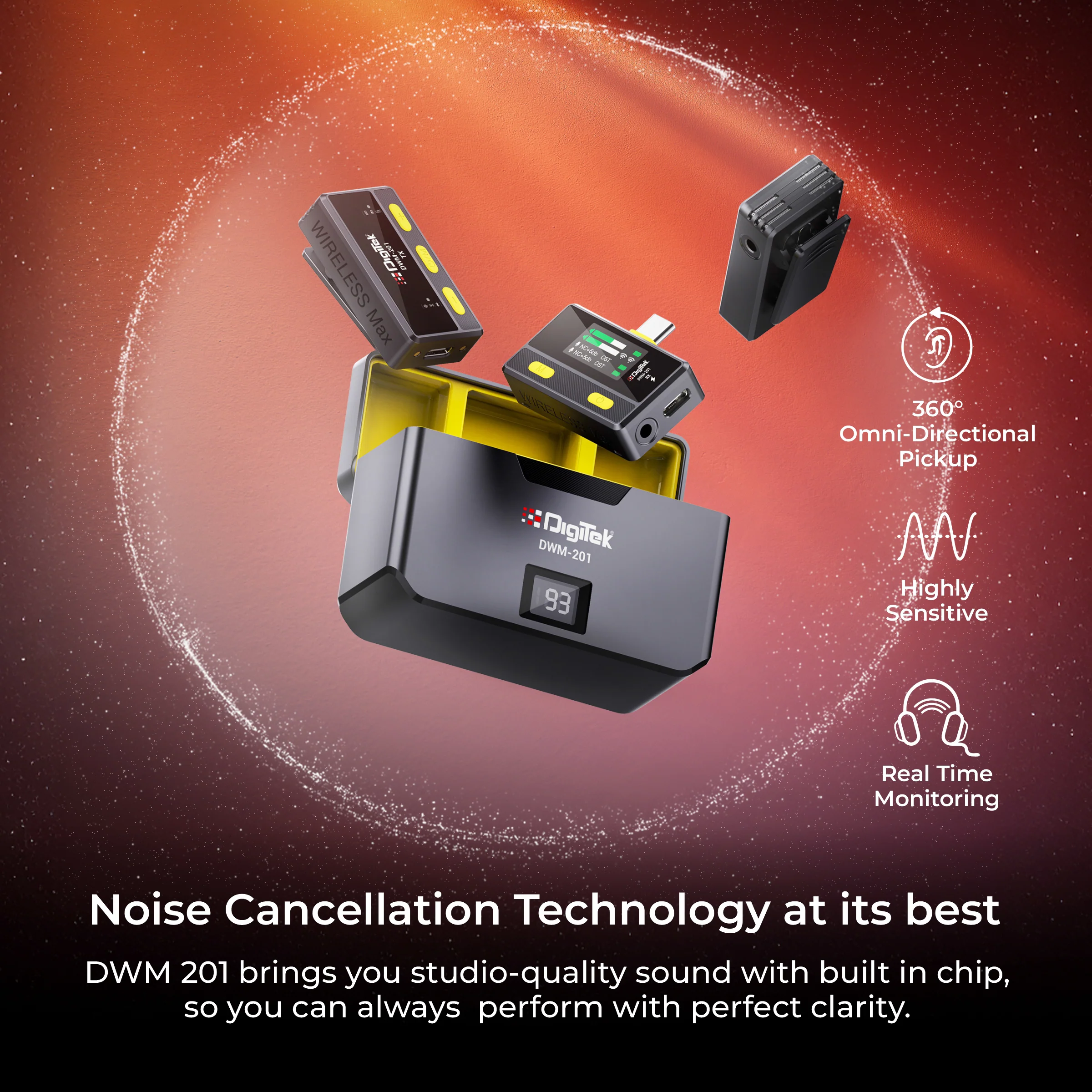 Digitek DWM-201 Wireless Microphone System with Remote & Noise Cancellation, 12 Sound Effects, 3 Voice Modes, 50m Range, Use with iPhone/Android & DSLR Camera for Vlogs, Interview & Podcasts - Image 4