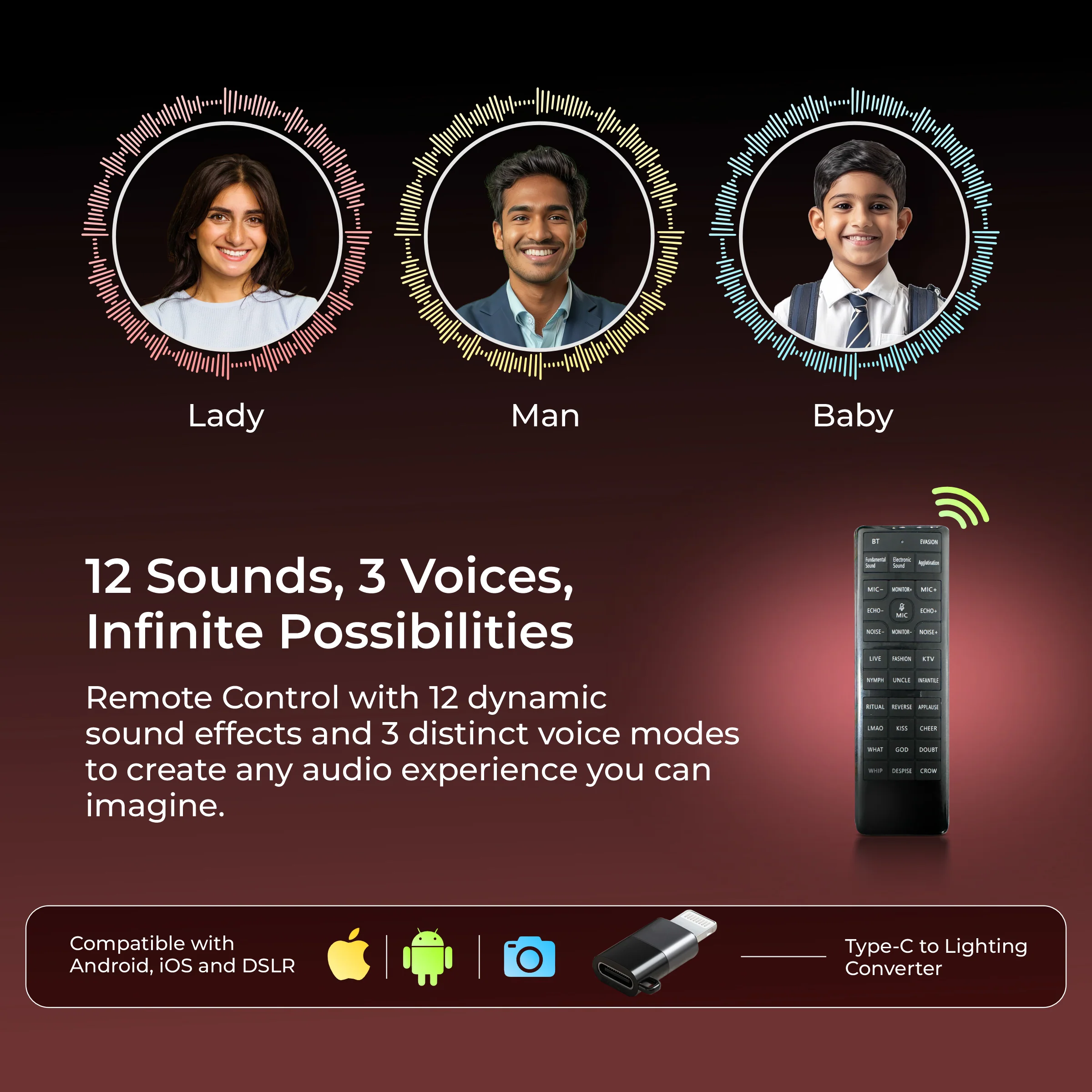 Digitek DWM-201 Wireless Microphone System with Remote & Noise Cancellation, 12 Sound Effects, 3 Voice Modes, 50m Range, Use with iPhone/Android & DSLR Camera for Vlogs, Interview & Podcasts - Image 7