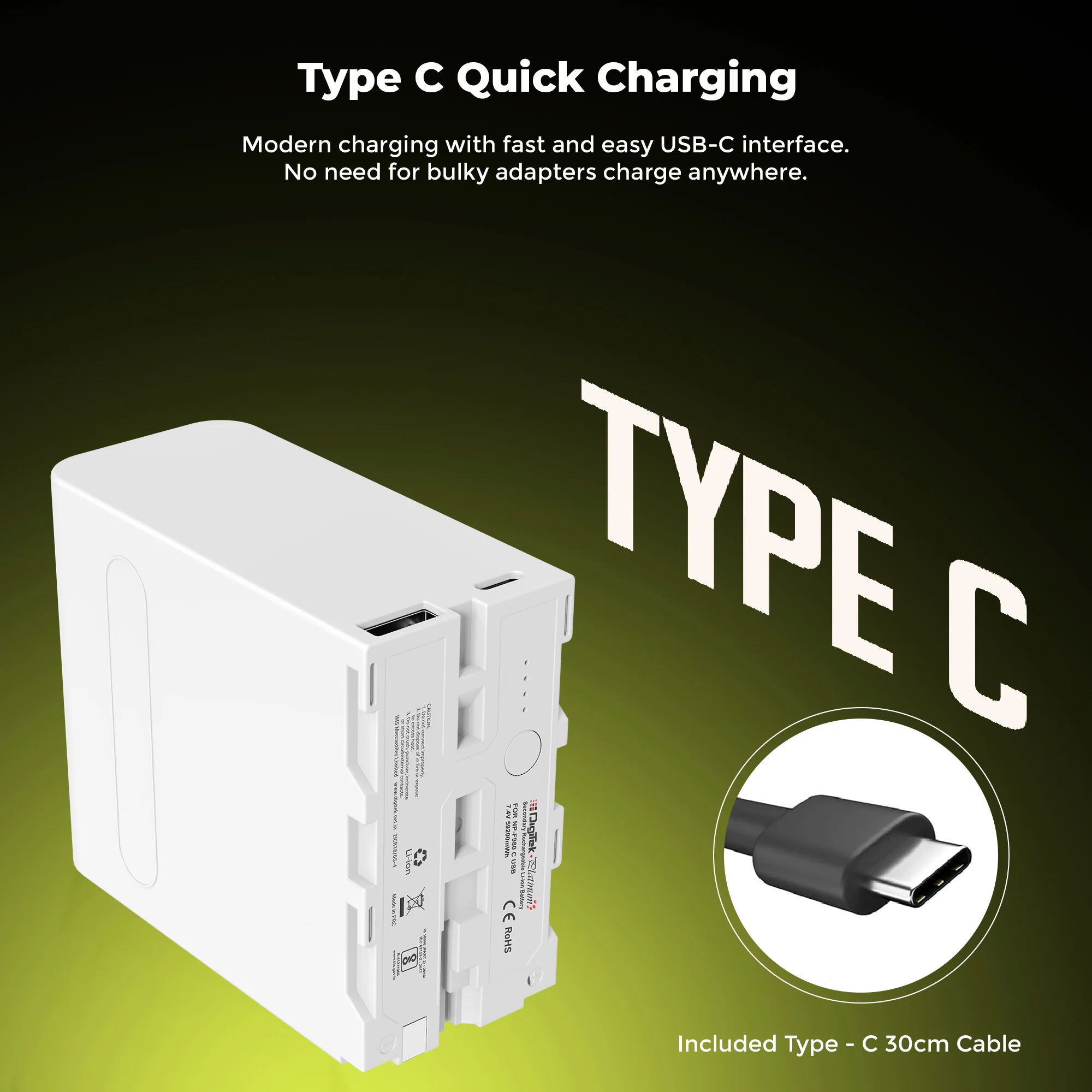 DIGITEK (NP-F980 C Platinum) 7.4v 16000mAh Platinum Extra Power Secondary Rechargeable Li-ion Camera Battery with 5V Type C Charging Port - Image 3