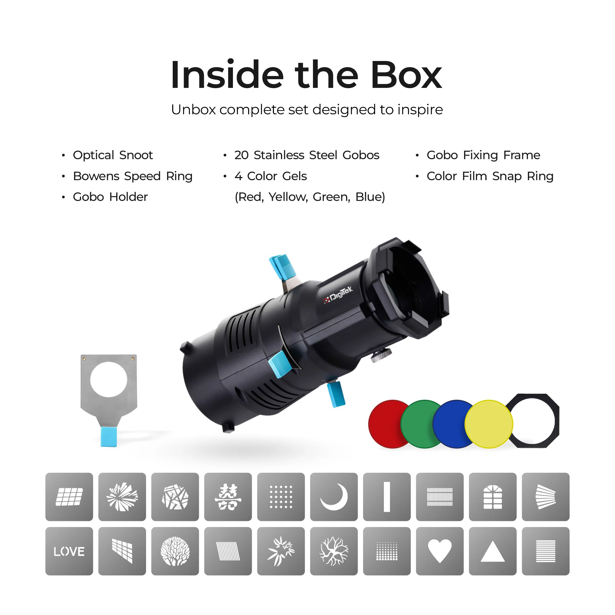 Digitek (DS 220) Bowens Mount Optical Snoot Kit with 20 Stainless Steel GOBOs & 4X Color Gels (Red/Yellow/Green/Blue), Multifunction Focus Ring, Premium Metal Construction - Image 3