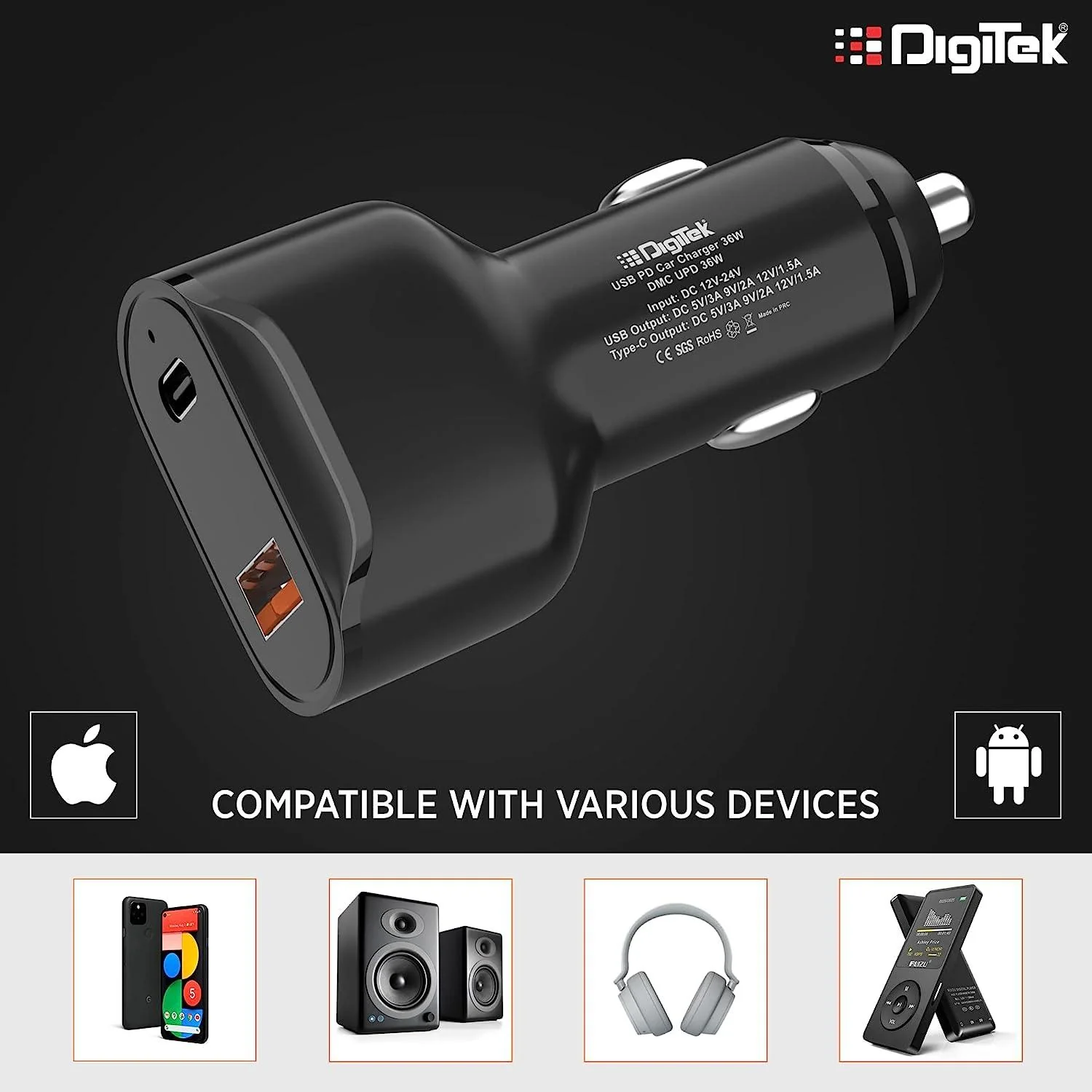 Digitek (DMC UPD 36W, Black) Cellular Phones Qc Pd 36W Car Charger With Quick Charge 3.0 And Power Delivery, Type-C & Usb Port With Wide Compatibility (DMC UPD 36W, Black) - Image 3