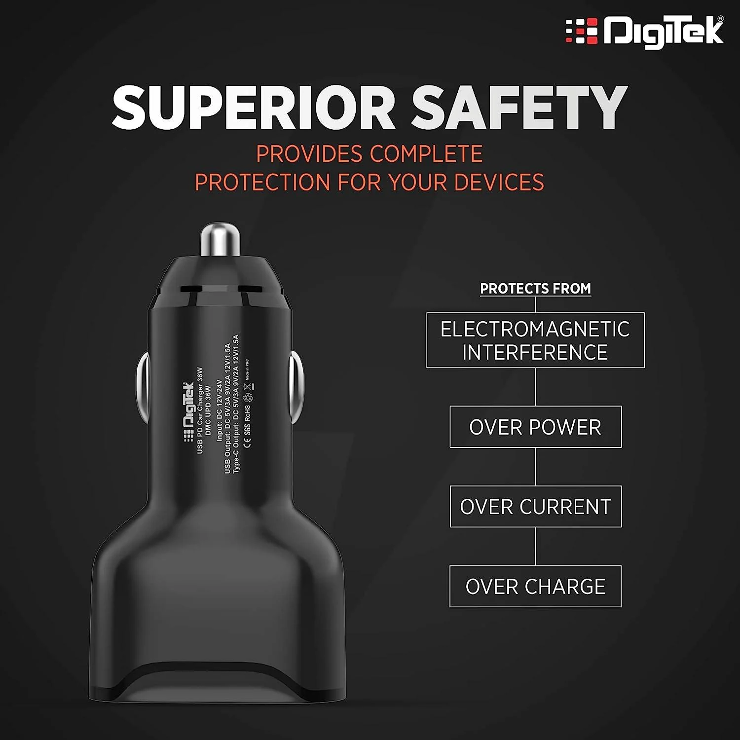 Digitek (DMC UPD 36W, Black) Cellular Phones Qc Pd 36W Car Charger With Quick Charge 3.0 And Power Delivery, Type-C & Usb Port With Wide Compatibility (DMC UPD 36W, Black) - Image 4