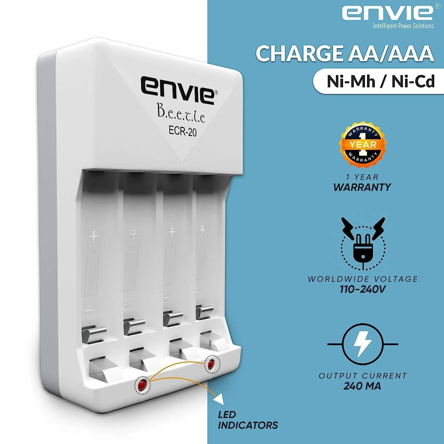 ENVIE (ECR20 2800 800 2PL) High Speed Wall Plug Charger ECR 20 for AA & AAA Ni-mh/Ni-cd Rechargeable Batteries | 2000MA Output Current | with 2 xAA2800 & 2xAAA800 Rechargeable Batteries (ECR20 2800 800 2PL) - Image 3