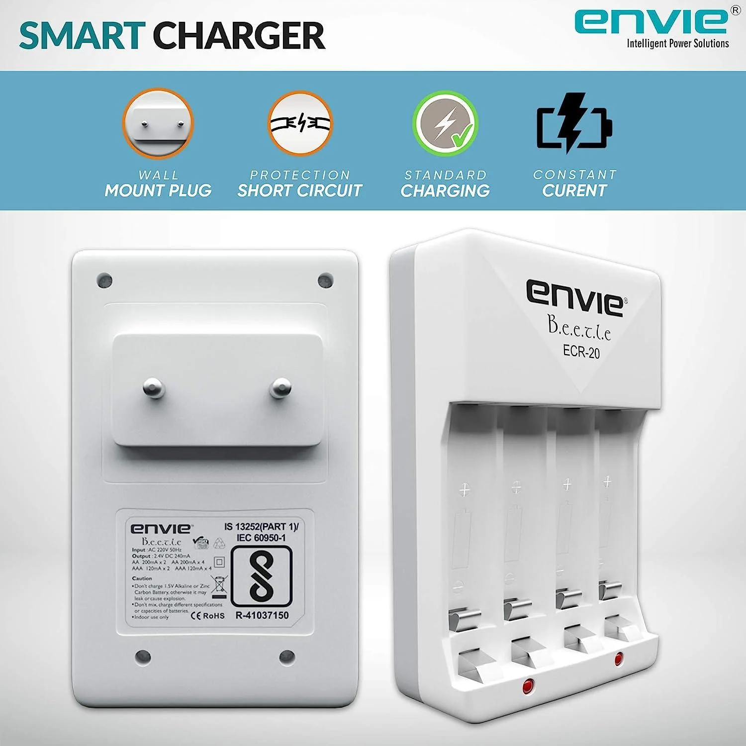 ENVIE (ECR20 2800 800 2PL) High Speed Wall Plug Charger ECR 20 for AA & AAA Ni-mh/Ni-cd Rechargeable Batteries | 2000MA Output Current | with 2 xAA2800 & 2xAAA800 Rechargeable Batteries (ECR20 2800 800 2PL) - Image 4