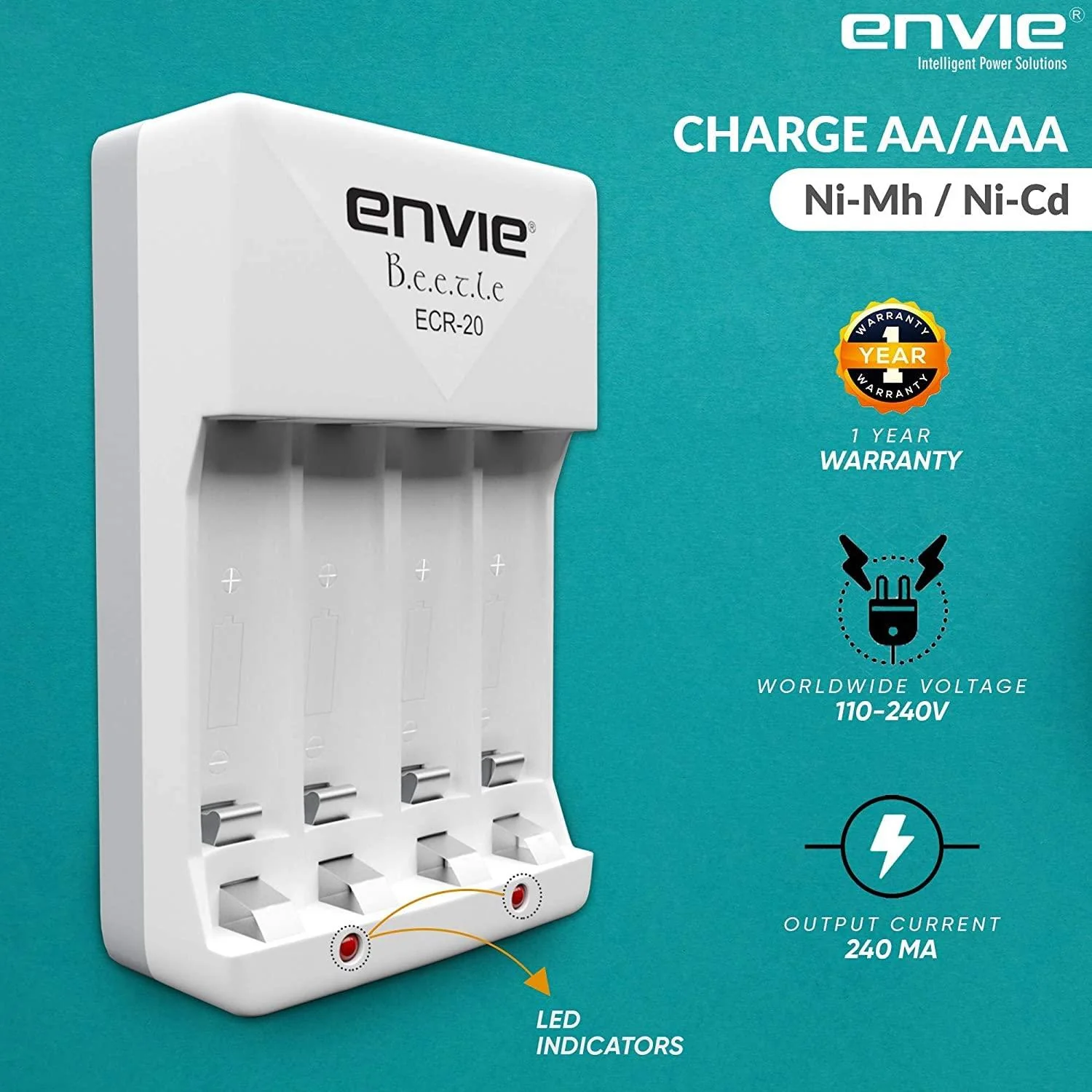 ENVIE (ECR20AA21002PL) High Speed Wall Plug Charger ECR 20 for AA & AAA Ni-mh/Ni-cd Rechargeable Batteries | 2000MA Output Current | with 2 AA2100 Ni-mh Batteries - Image 4