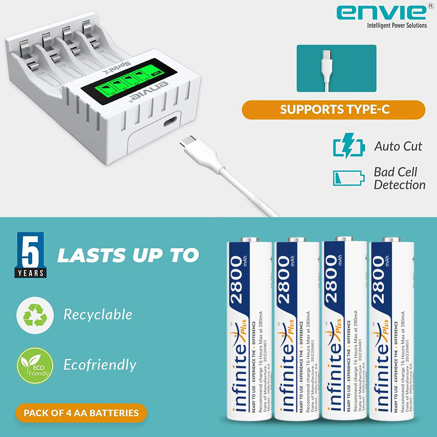 ENVIE (ECR11MC + 2800 4PL) SprintX Ultra Fast Rechargeable Batteries Charger for AA & AAA Ni-MH with 4xAA2800mah Rechargeable Batteries, with Over Charge Protection - Image 6