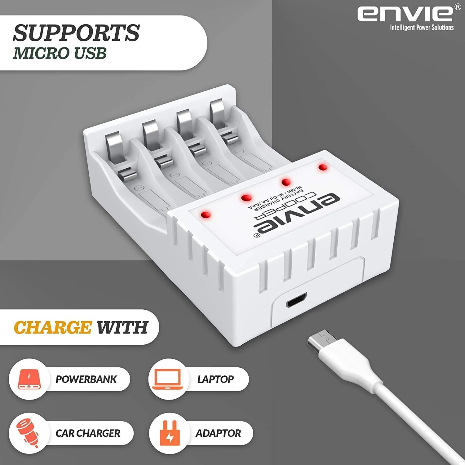 ENVIE (ECR 20MC+2800+1100) Standard Charger ECR 20 MC for AA & AAA Ni-mh/Ni-Cd Rechargeable Batteries | LED Indicator | 600MA Output Current | with 2xAA2800 & 2xAAA1100 Rechargeable Batteries - Image 3