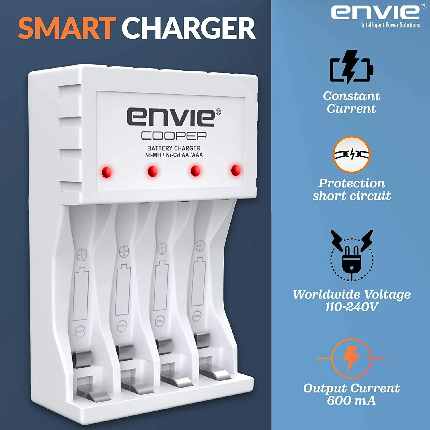 ENVIE (ECR 20MC+2800+1100) Standard Charger ECR 20 MC for AA & AAA Ni-mh/Ni-Cd Rechargeable Batteries | LED Indicator | 600MA Output Current | with 2xAA2800 & 2xAAA1100 Rechargeable Batteries - Image 4