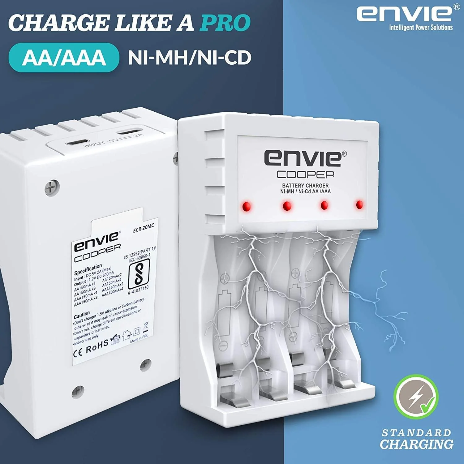 ENVIE (ECR 20MC+2800+1100) Standard Charger ECR 20 MC for AA & AAA Ni-mh/Ni-Cd Rechargeable Batteries | LED Indicator | 600MA Output Current | with 2xAA2800 & 2xAAA1100 Rechargeable Batteries - Image 5