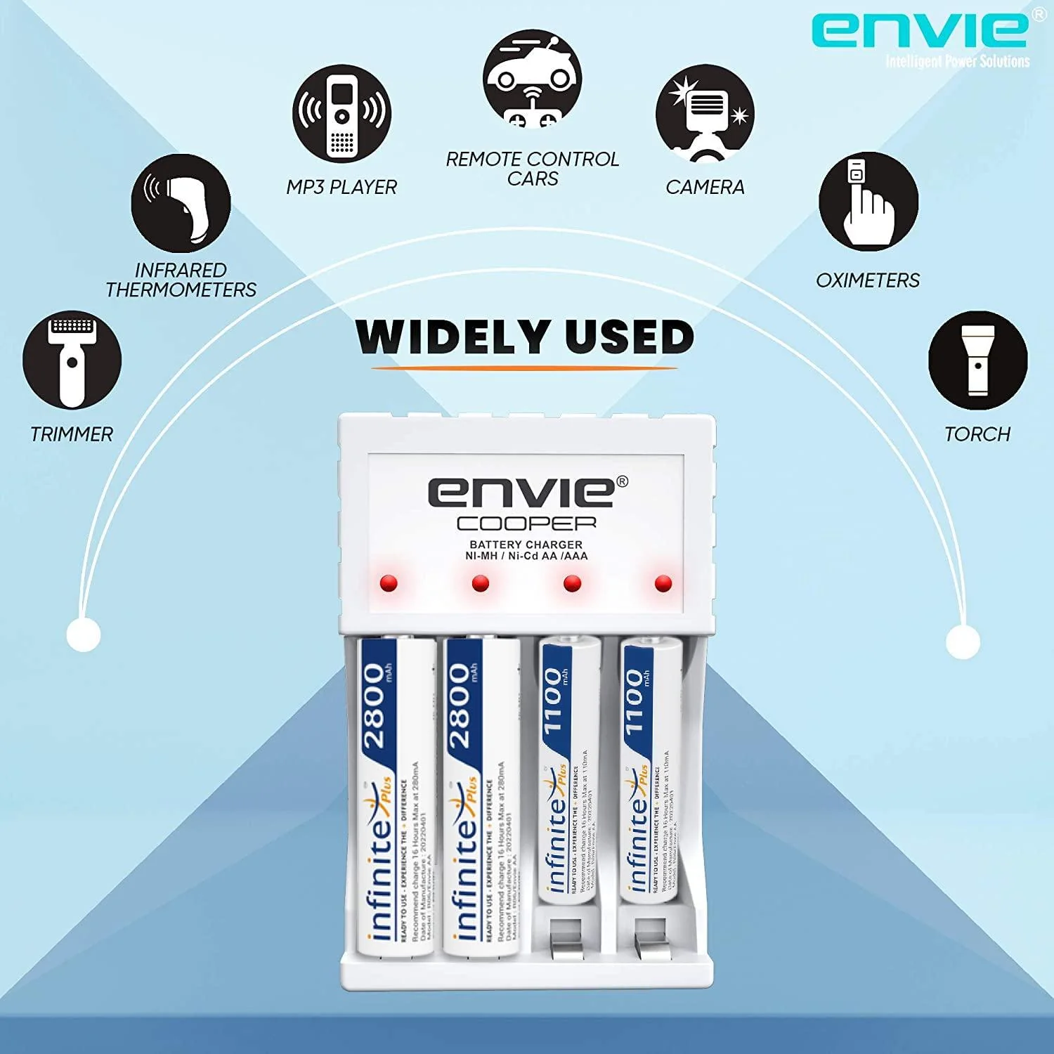 ENVIE (ECR 20MC+2800+1100) Standard Charger ECR 20 MC for AA & AAA Ni-mh/Ni-Cd Rechargeable Batteries | LED Indicator | 600MA Output Current | with 2xAA2800 & 2xAAA1100 Rechargeable Batteries - Image 6