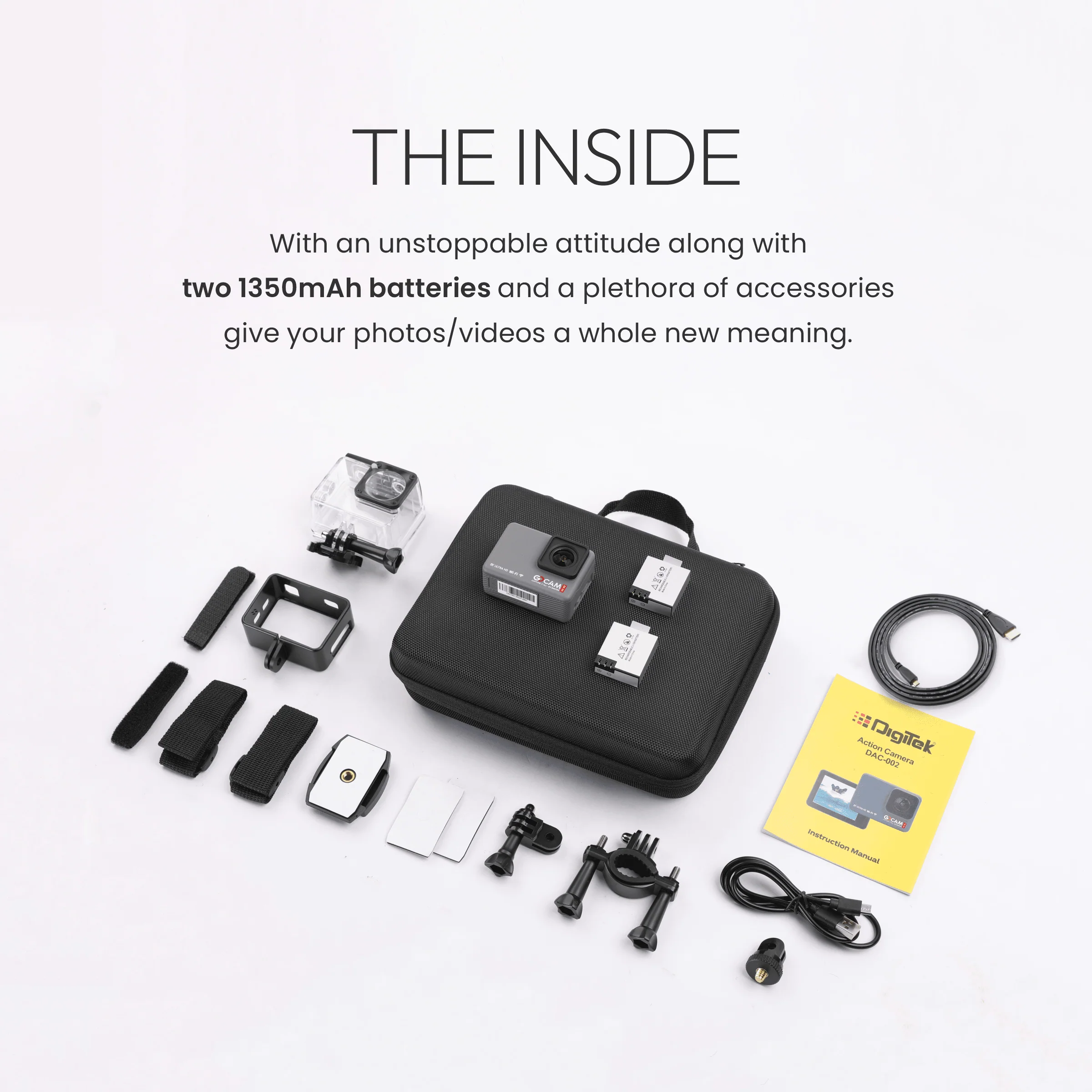 Digitek GoCAM (DAC-002) 5K 60fps 24MP WiFi Ultra HD Sports Action Camera with 2" HD Screen & External MIC Support 100 feet Waterproof (with Waterproof case) 2 x 1350mAh Battery - Image 10