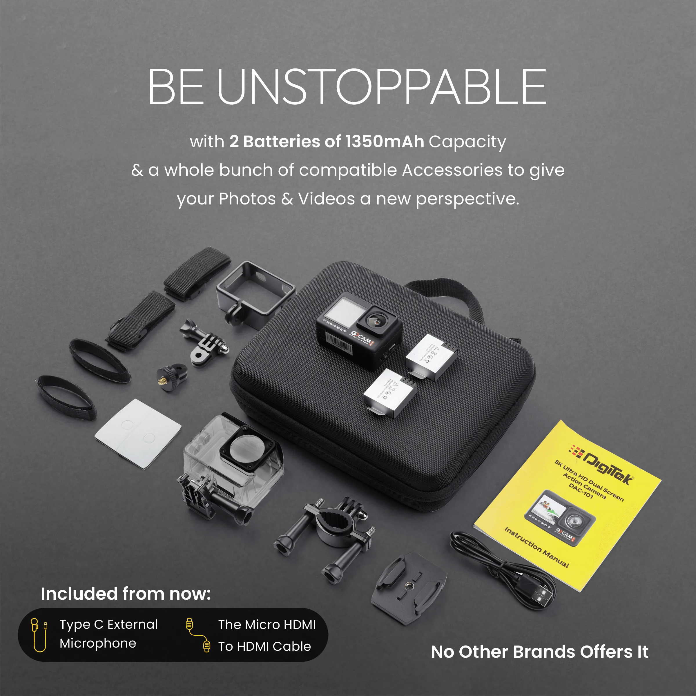 Digitek GoCAM (DAC-101) 5K 30FPS 48MP WiFi Ultra HD Sports Action Camera| Dual TouchScreen|6-Axis Gyro EIS Stabilization | MIC Support  Waterproof | 2 Batteries (Black) - Image 3