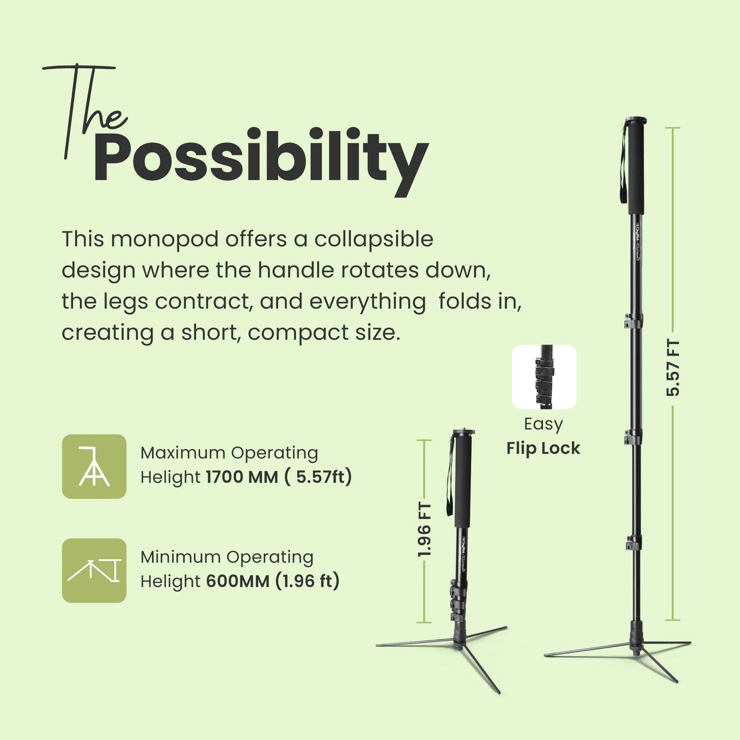 Digitek (DMP 75L) Lightweight Aluminum Telescopic Camera Monopod with Tripod Base for DSLR Video Cameras Maximum Operating Height: 1700MM. Maximum Load Upto: 8 kgs - Image 4