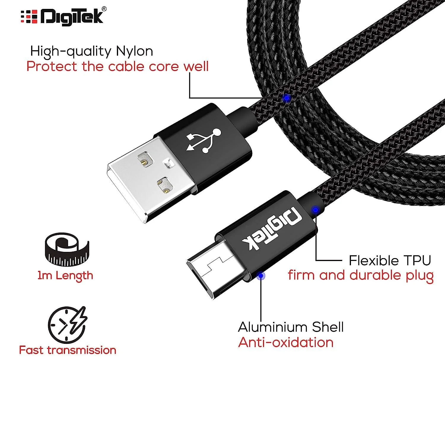 Digitek (DC 1M MU NB BKLPlatinum Nylon Braided Rapid Charge & Data Sync Micro USB Cable ,1 Metre, Black - Image 4