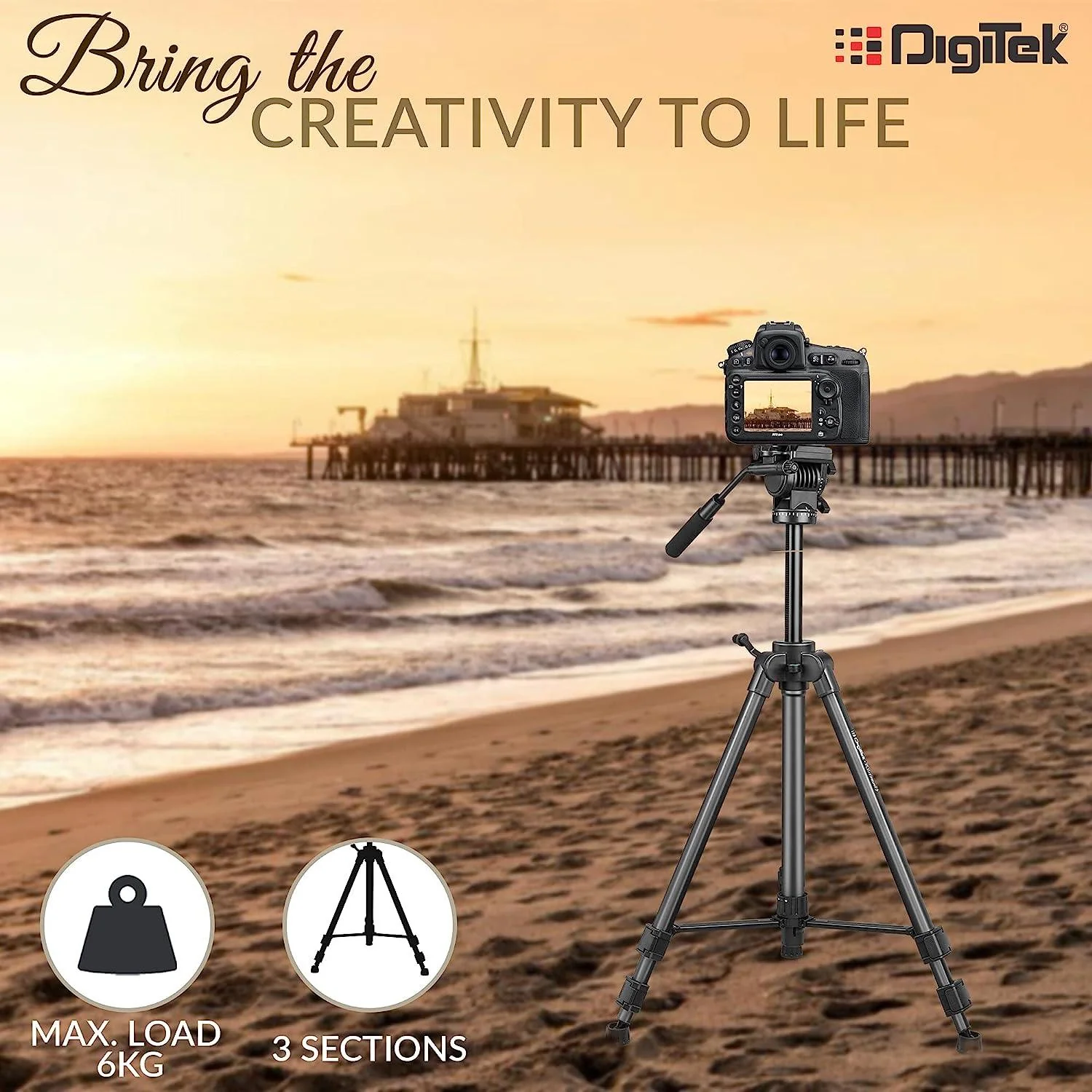 Digitek (DPTR 880 PRO) (165 cm) Platinum Aluminum Light Weight Tripod, with Fluid Video Head, for DSLR & Video Cameras, Maximum Operating Height: 5.90 Feet, Maximum Load : 6 kgs (Black) - Image 5