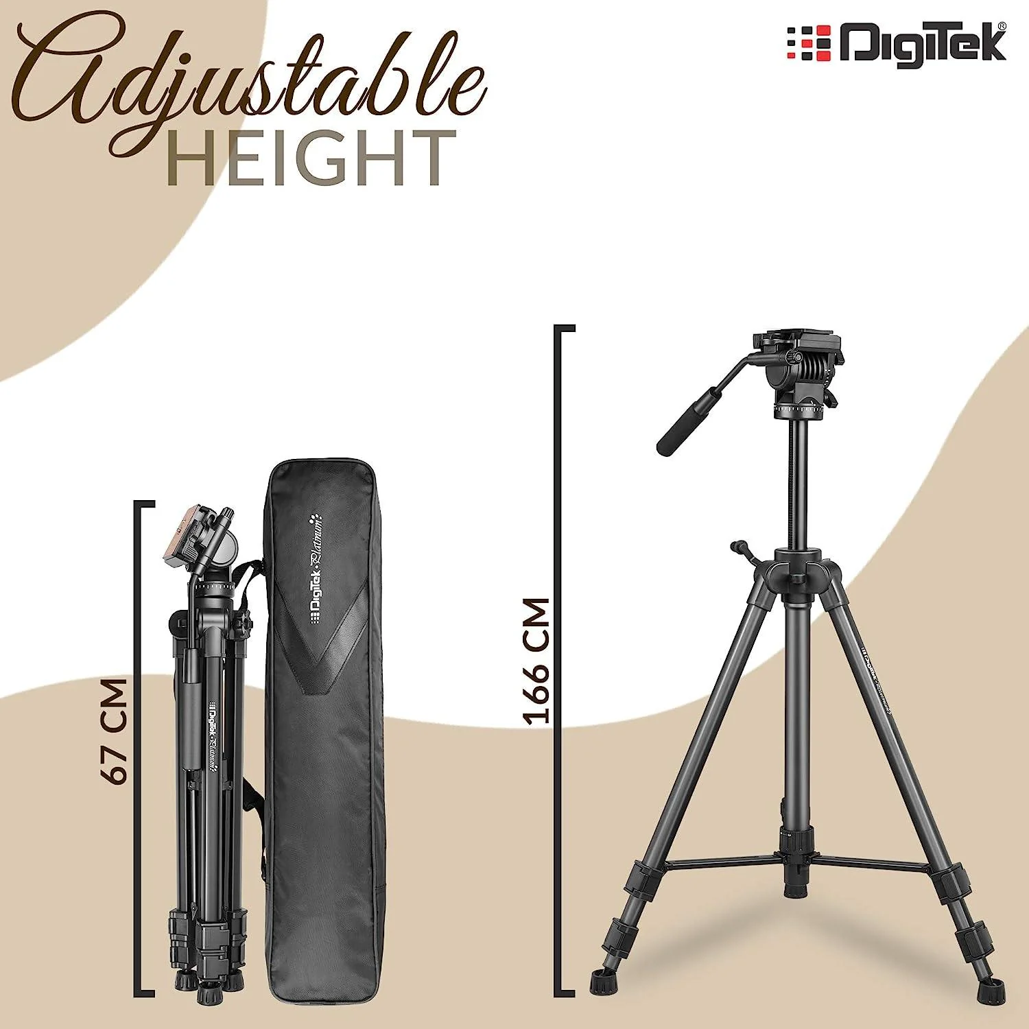 Digitek (DPTR 880 PRO) (165 cm) Platinum Aluminum Light Weight Tripod, with Fluid Video Head, for DSLR & Video Cameras, Maximum Operating Height: 5.90 Feet, Maximum Load : 6 kgs (Black) - Image 7