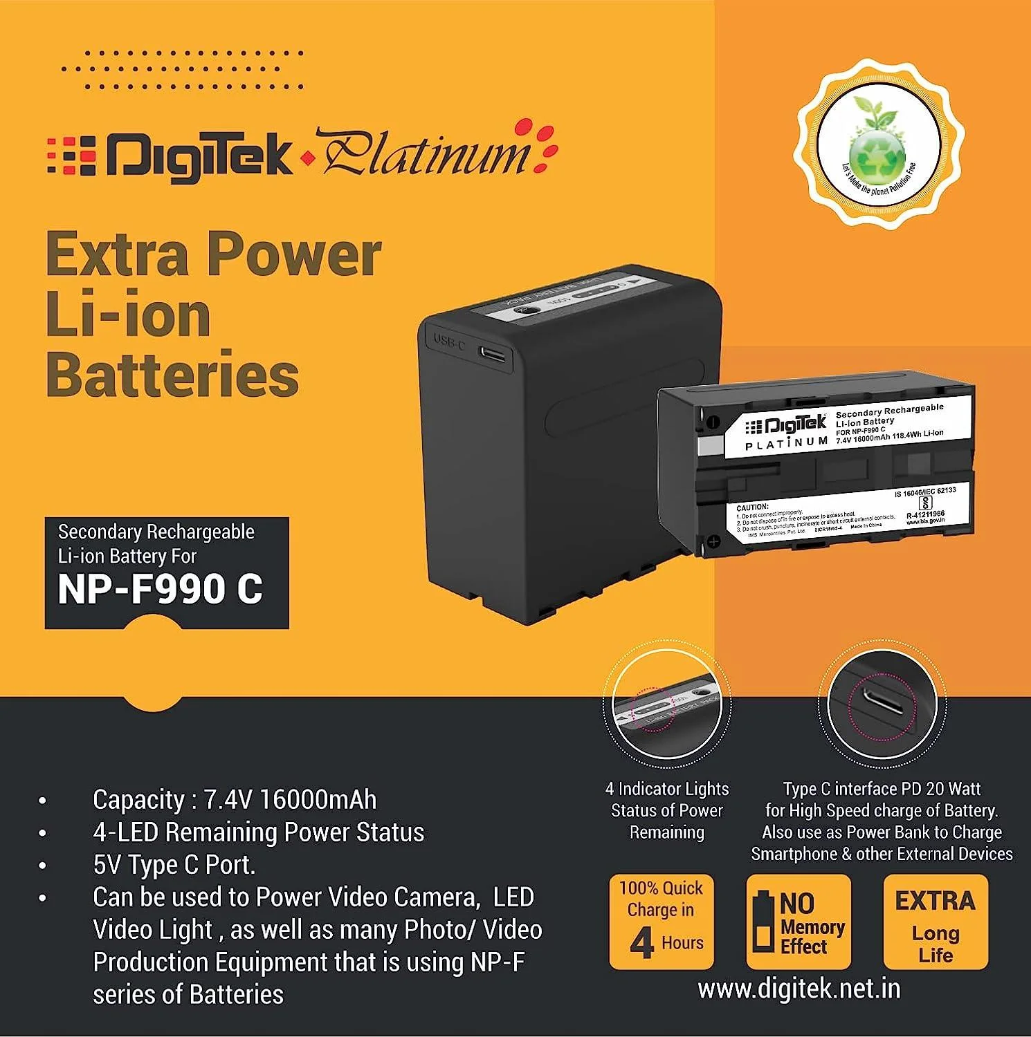 Digitek (NP-F990 C Platinum) 7.4v 16000mAh Platinum Extra Power Secondary Rechargeable Li-ion Camera Battery with 5V Type C Charging Port - Image 5