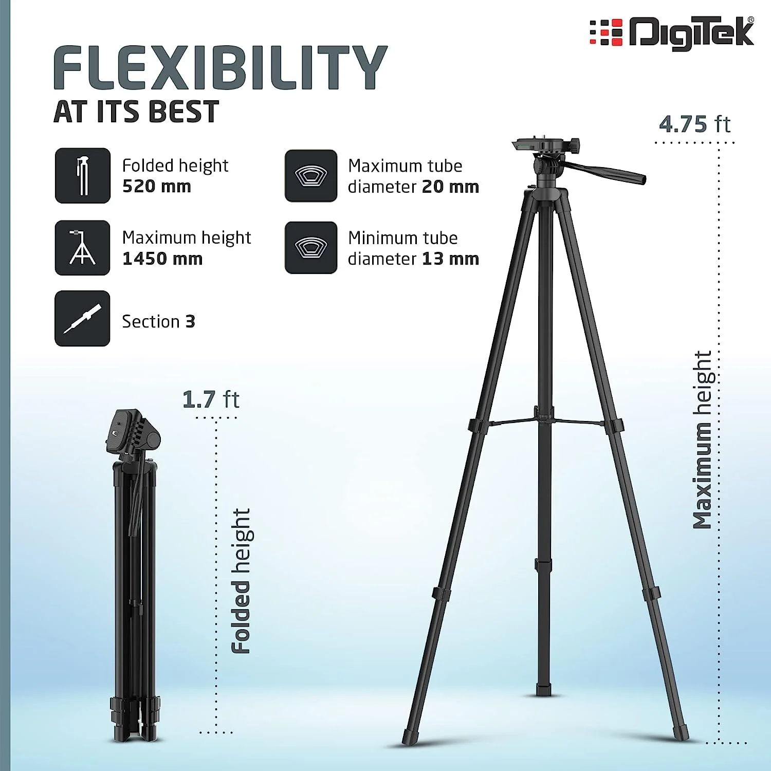 DIGITEK (DTR 480LW) 57 Inch Portable Aluminium Alloy Tripod with Smartphone Holder & 360° Ball Head, 3 Section Adjustment, 2kg Load Capacity, Carry Bag, Compatible with Smartphone, Video Camera, DSLR. - Image 3