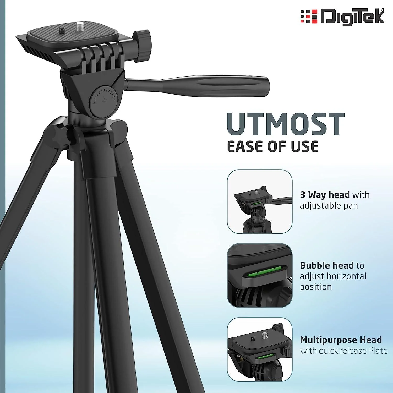 DIGITEK (DTR 480LW) 57 Inch Portable Aluminium Alloy Tripod with Smartphone Holder & 360° Ball Head, 3 Section Adjustment, 2kg Load Capacity, Carry Bag, Compatible with Smartphone, Video Camera, DSLR. - Image 4