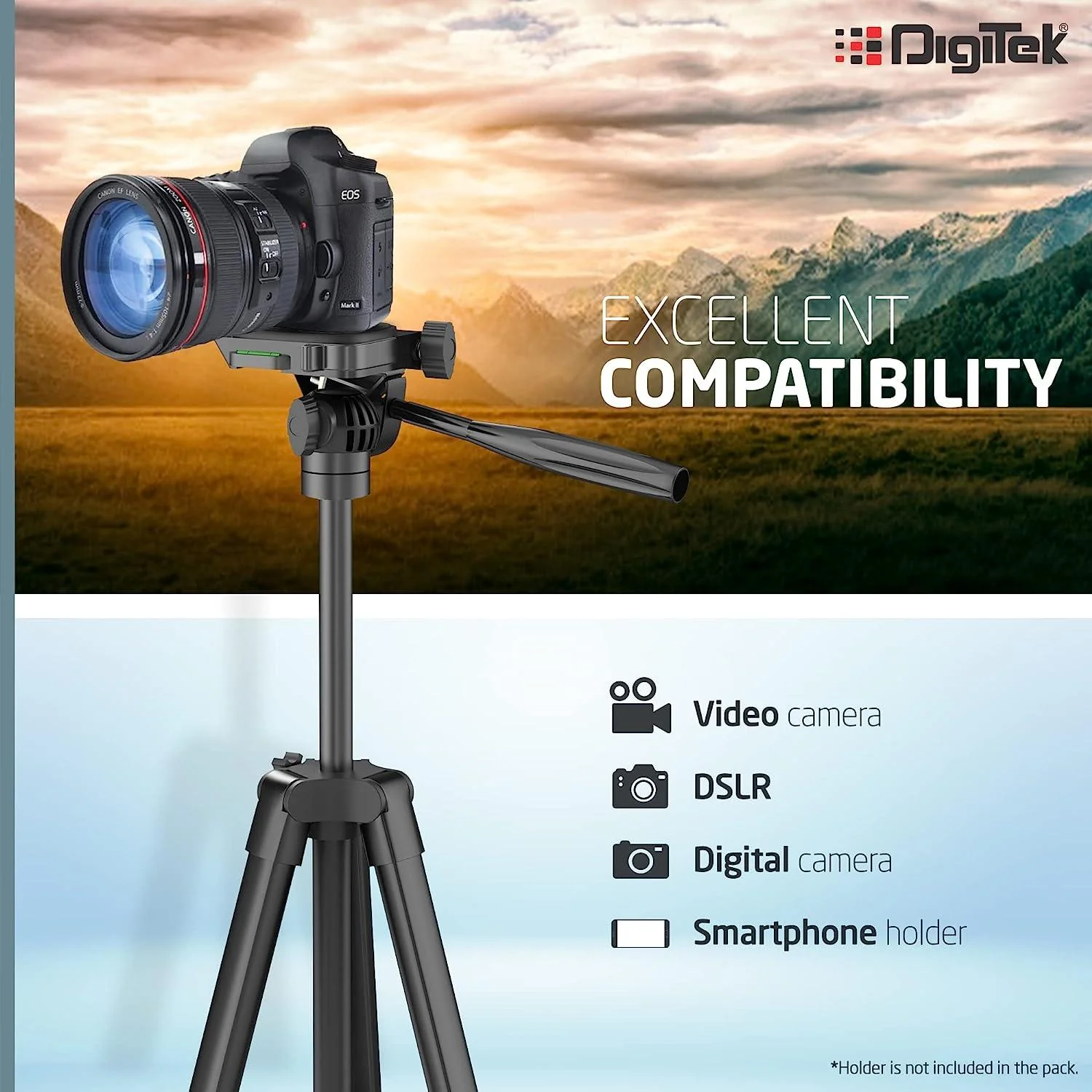DIGITEK (DTR 480LW) 57 Inch Portable Aluminium Alloy Tripod with Smartphone Holder & 360° Ball Head, 3 Section Adjustment, 2kg Load Capacity, Carry Bag, Compatible with Smartphone, Video Camera, DSLR. - Image 6