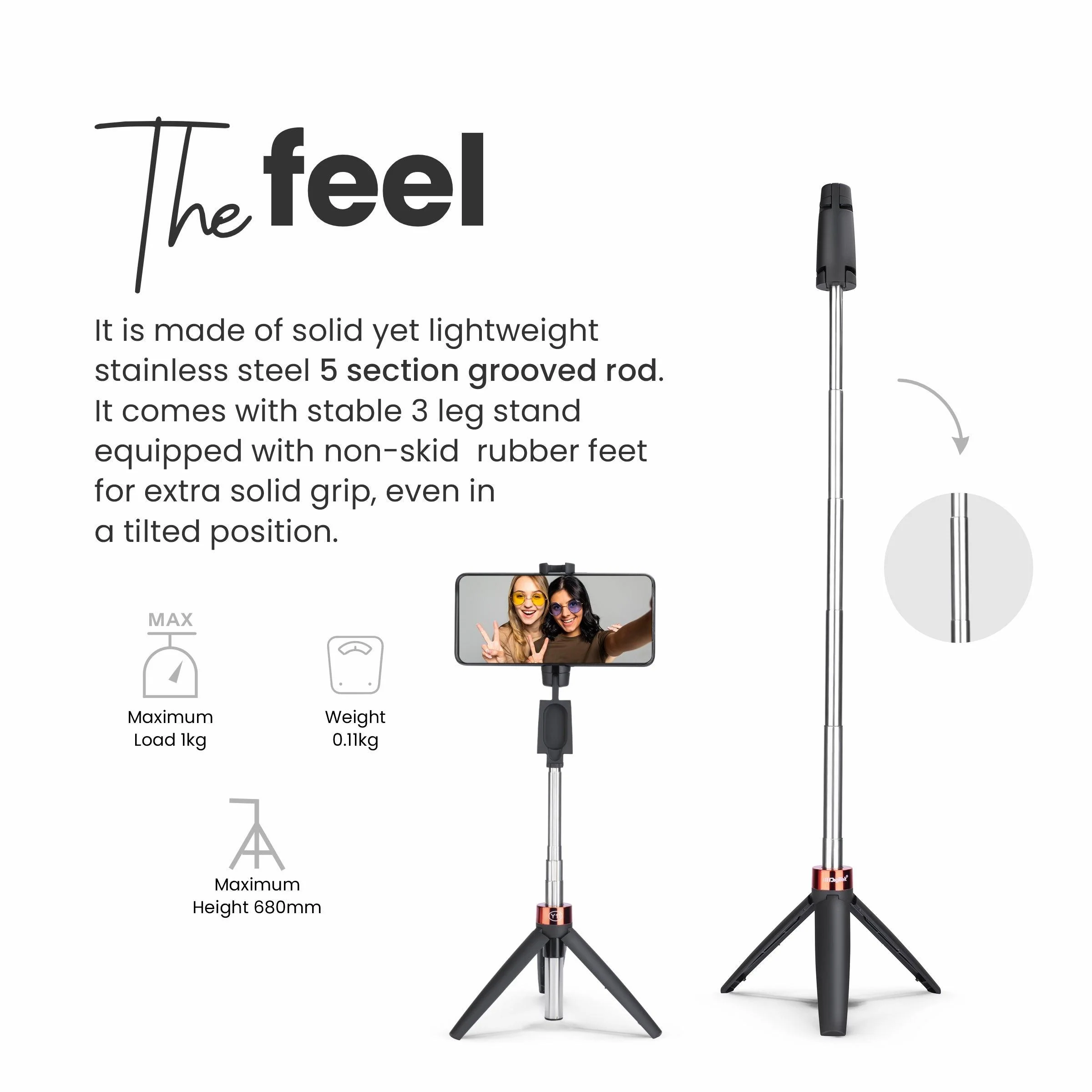 DIGITEK® (DTR-210SS) 68cm Portable Selfie Stick with Wireless Remote, 3 Legs Tripod Base, Rubberized Feet, 1 Kg Max Weight Load, 360° Rotation, Compatible with All Smartphones Photography, Videography - Image 3
