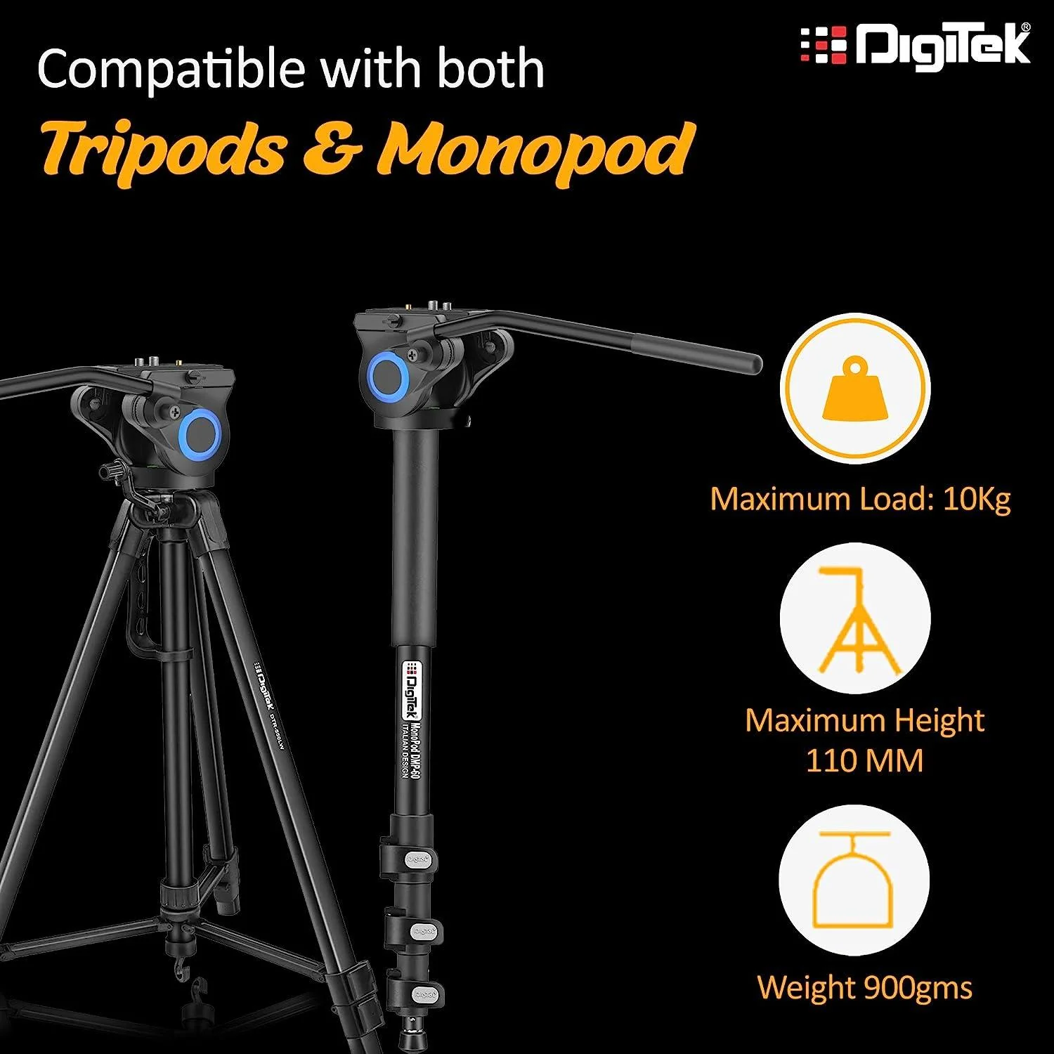 Digitek (DPVH 110) Professional Video Head | Fluid Head with 2 Way Adjustable Pan Head | Supports Multiple Tripods & Monopods (Load Capacity-10 Kgs) - Image 3