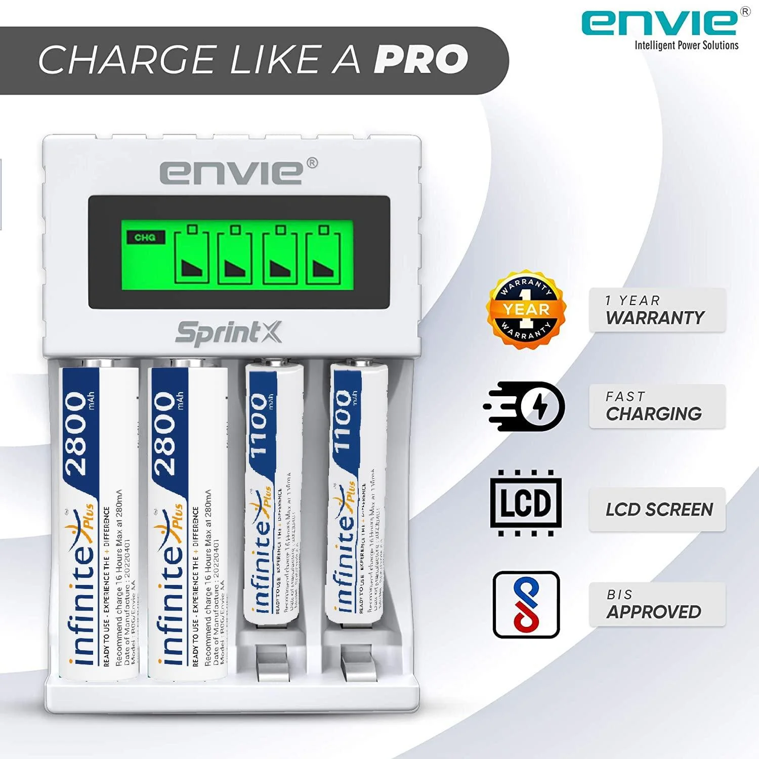 ENVIE (ECR11MC+2800+1100) SprintX Ultra Fast Rechargeable Batteries Charger for AA & AAA Ni-mh, with 2xAA2800 & 2AAA1100 Rechargeable Batteries, with Over Charge Protection - Image 5